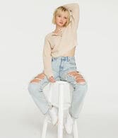 Waffle-Knit Cropped Henley Sweater
