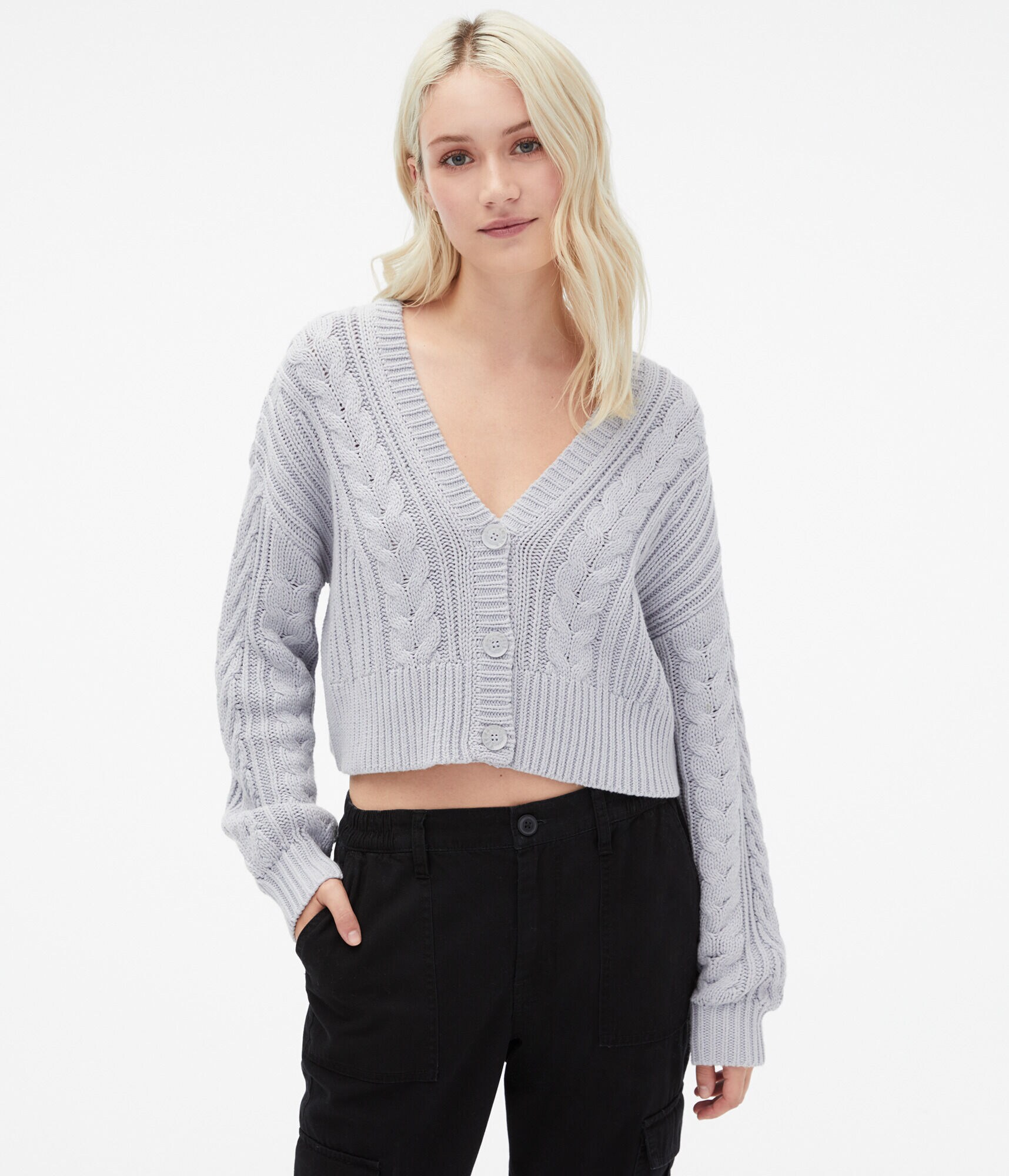 Cable-Knit Cropped V-Neck Cardigan