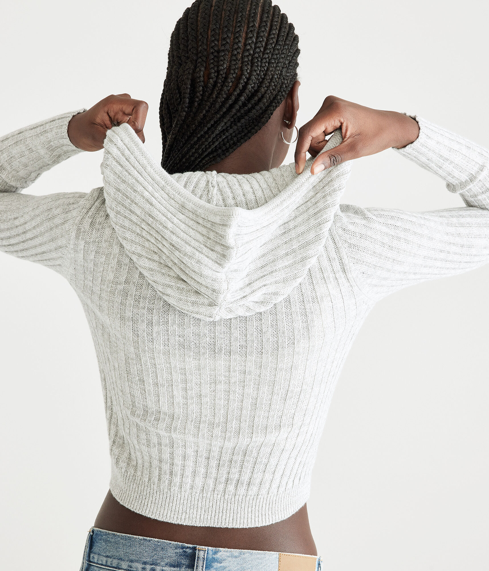 Ribbed Cropped Zip-Front Hooded Sweater