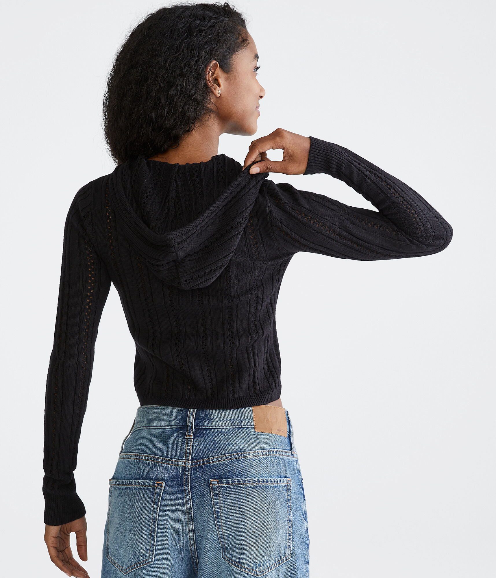 Pointelle Cropped Zip-Front Hooded Sweater