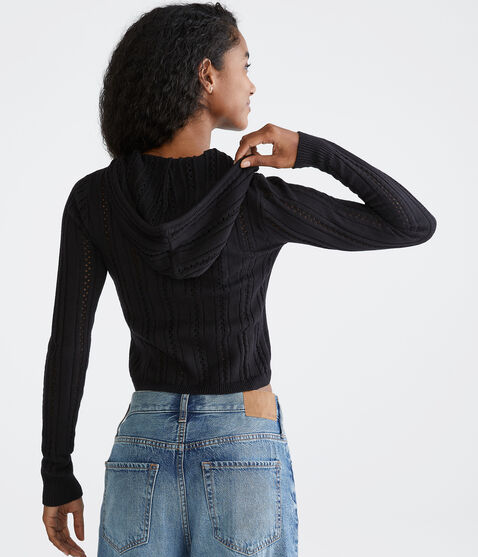 Pointelle Cropped Zip-Front Hooded Sweater Pointelle Cropped Zip-Front Hooded Sweater