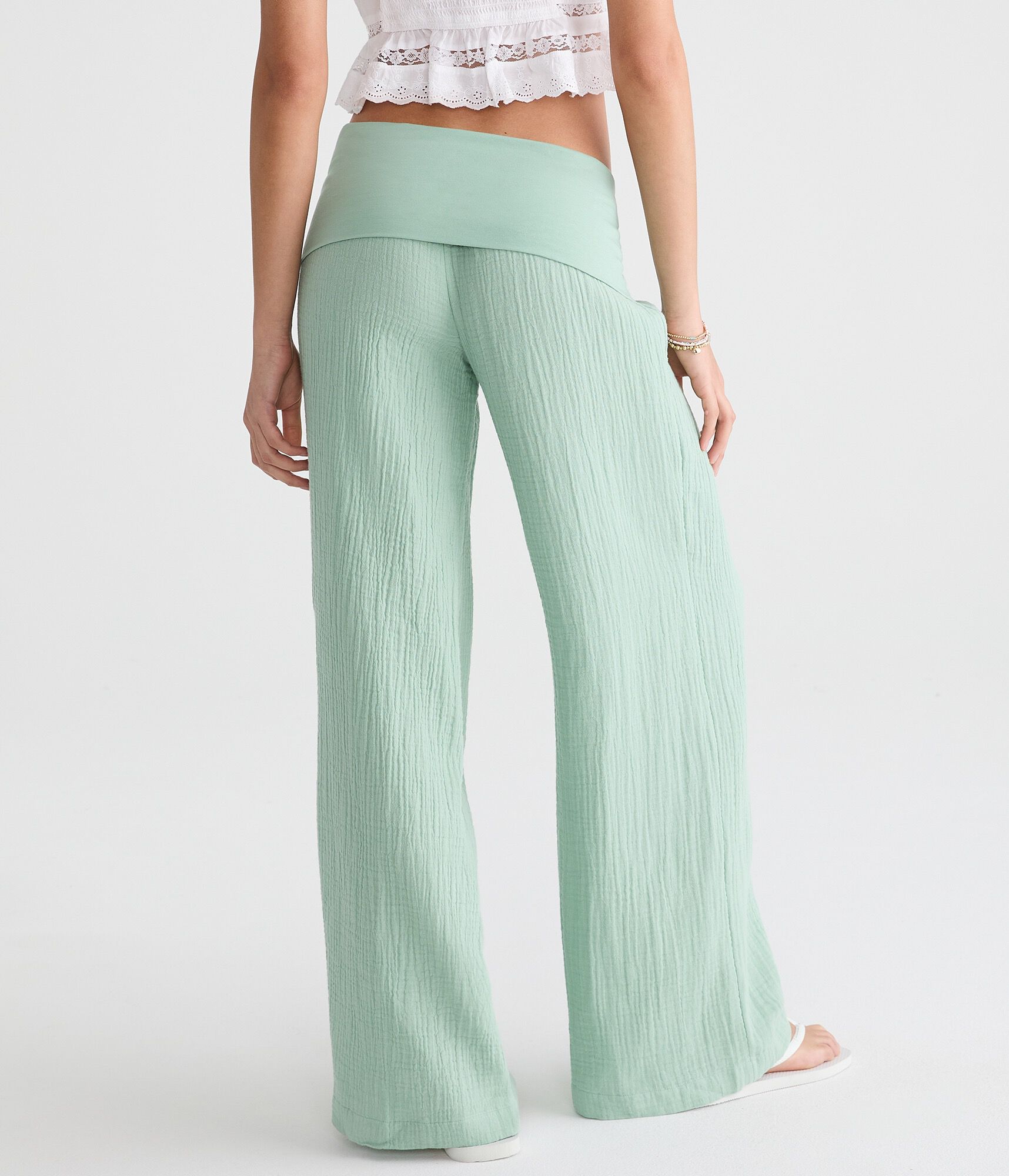 Low-Rise Gauze Fold-Over Wide Leg Pants