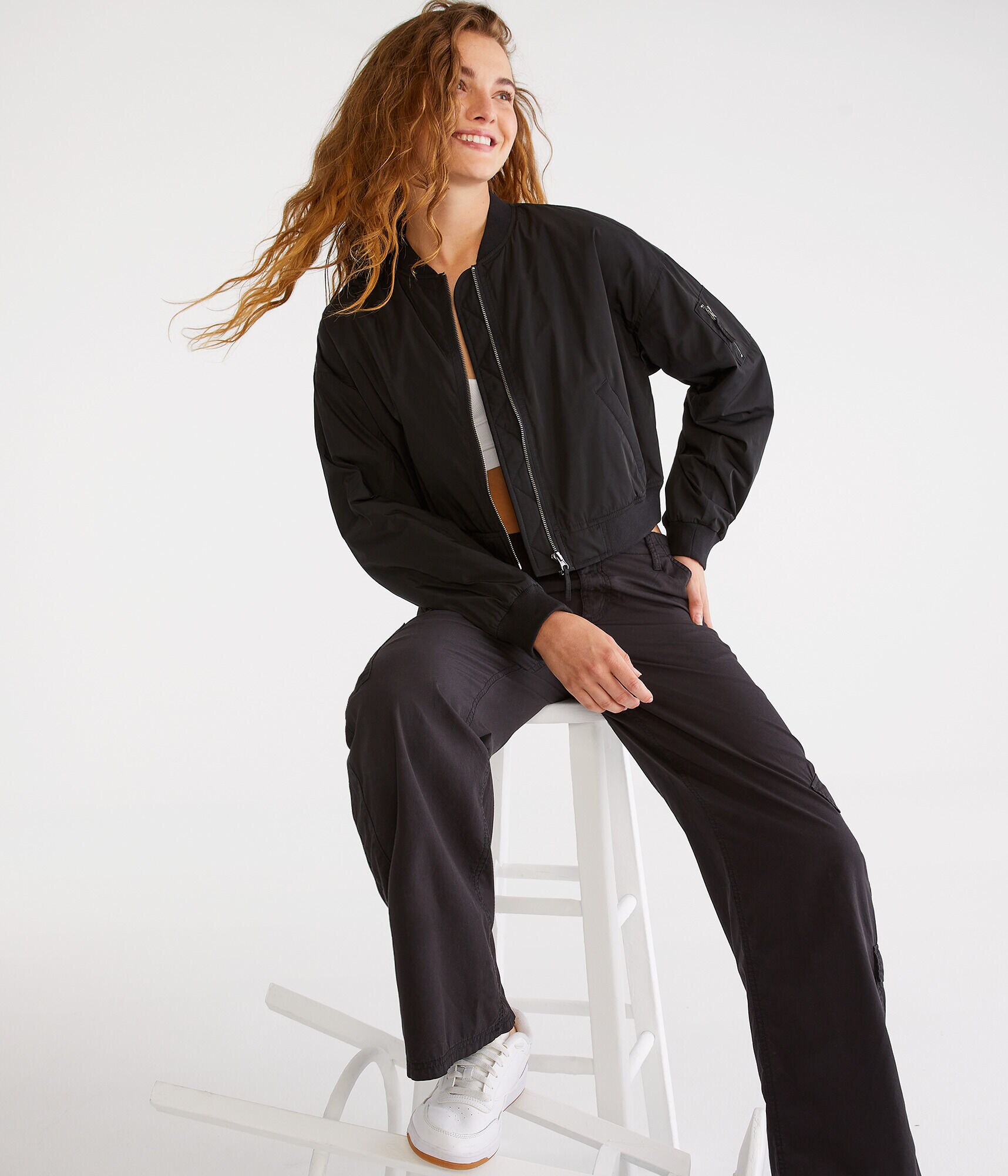 Solid Cropped Bomber Jacket