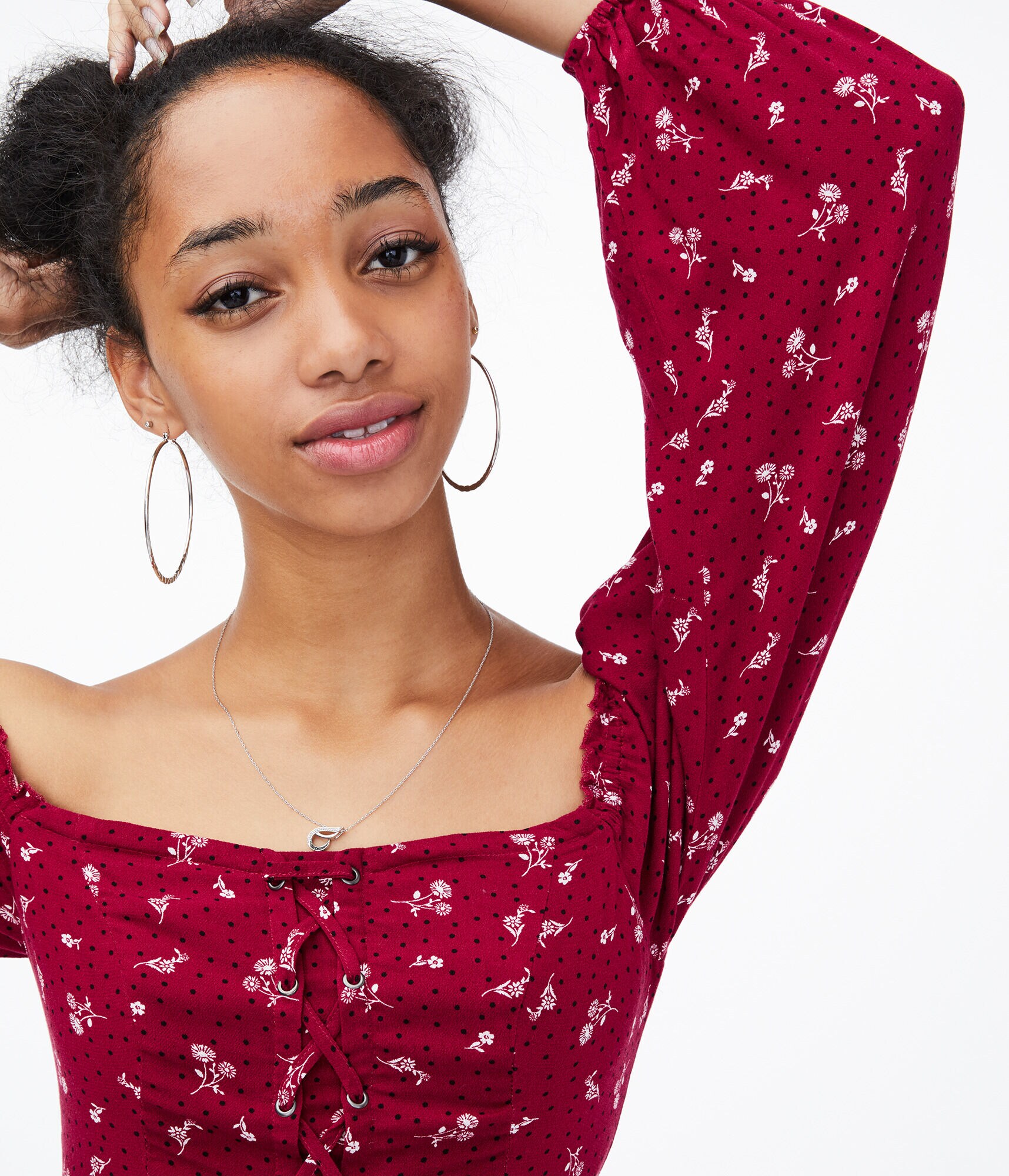 Floral Lace-up Off-The-Shoulder Crop Top