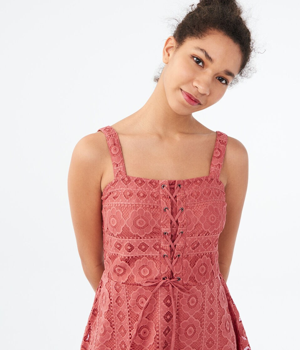 Solid Square-Neck Lace Fit & Flare Dress Solid Square-Neck Lace Fit & Flare Dress