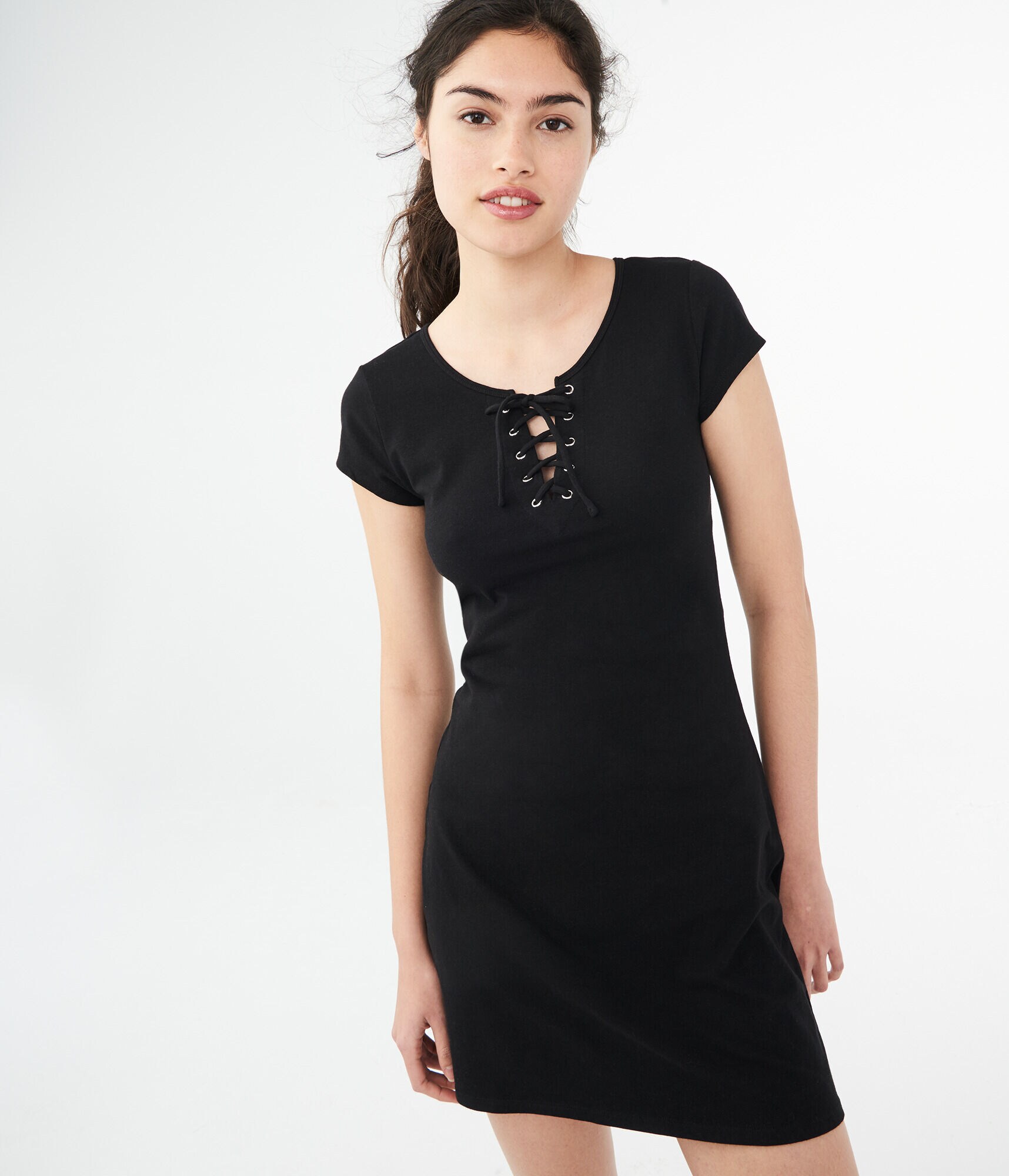 Solid Lace Up A Line Dress