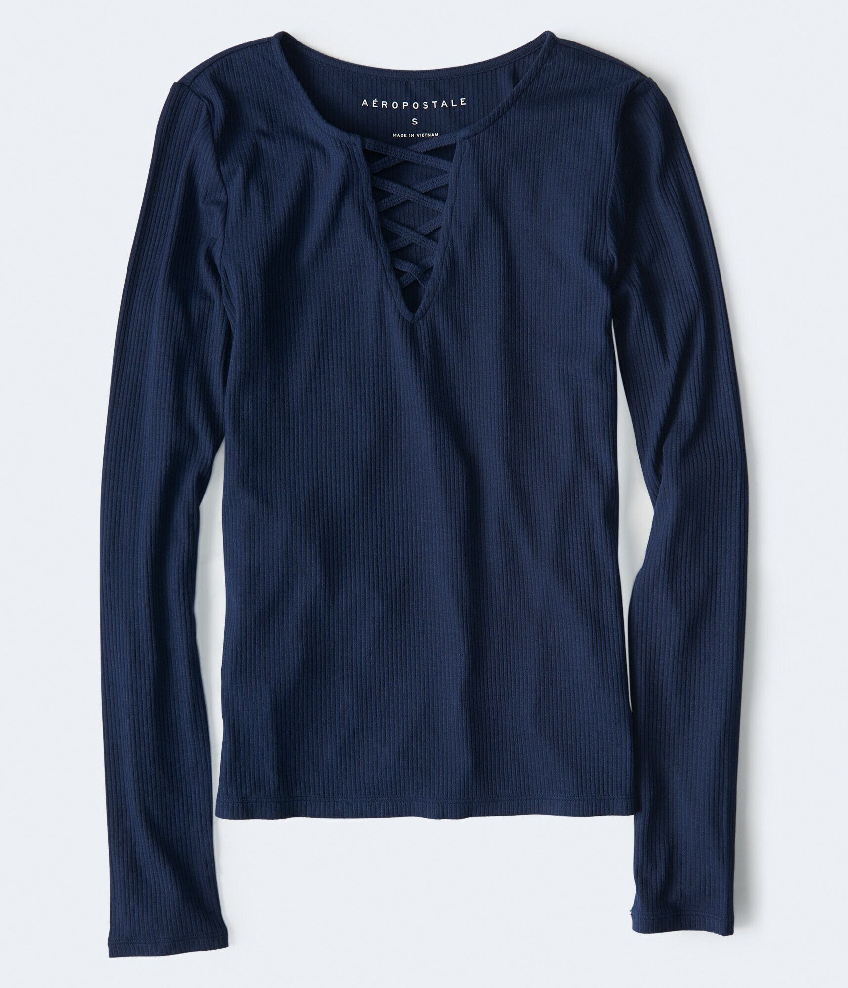 Long Sleeve Solid Lace-Up Ribbed Tee