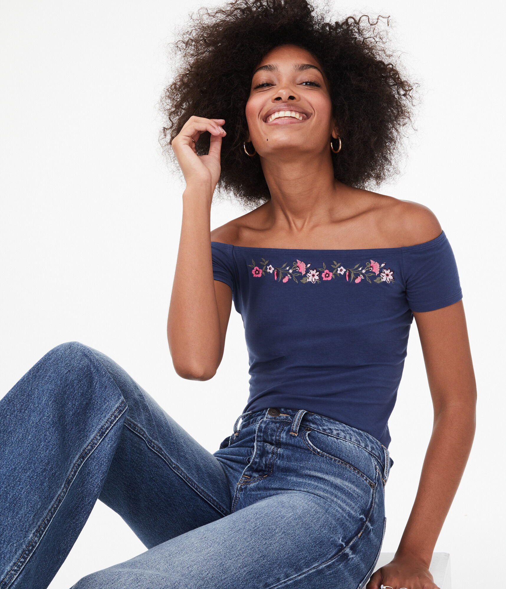 Seriously Soft Embroidered Off-The-Shoulder Bodycon Tee***