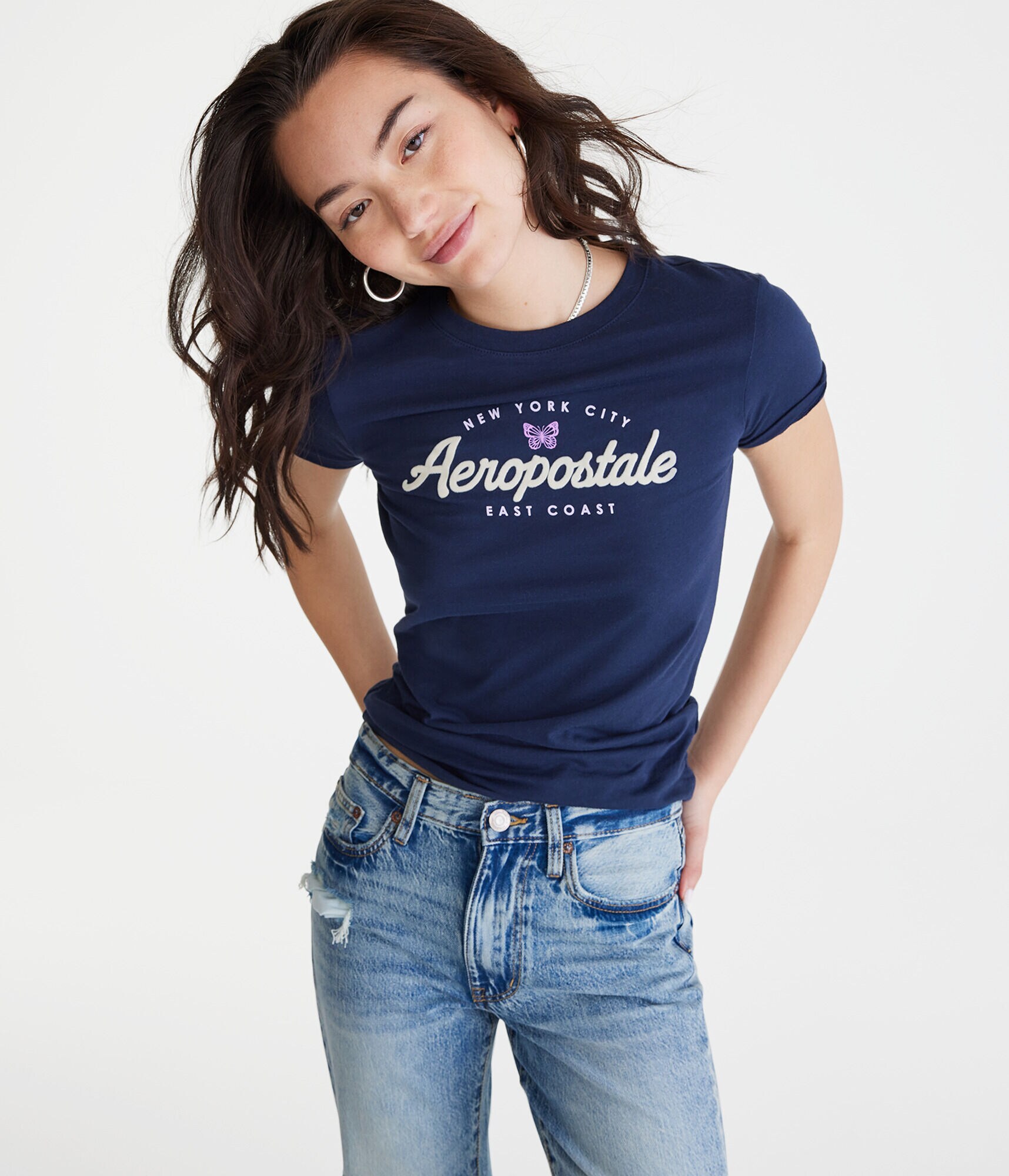 Aeropostale Flocked New York Butterfly Graphic Tee
