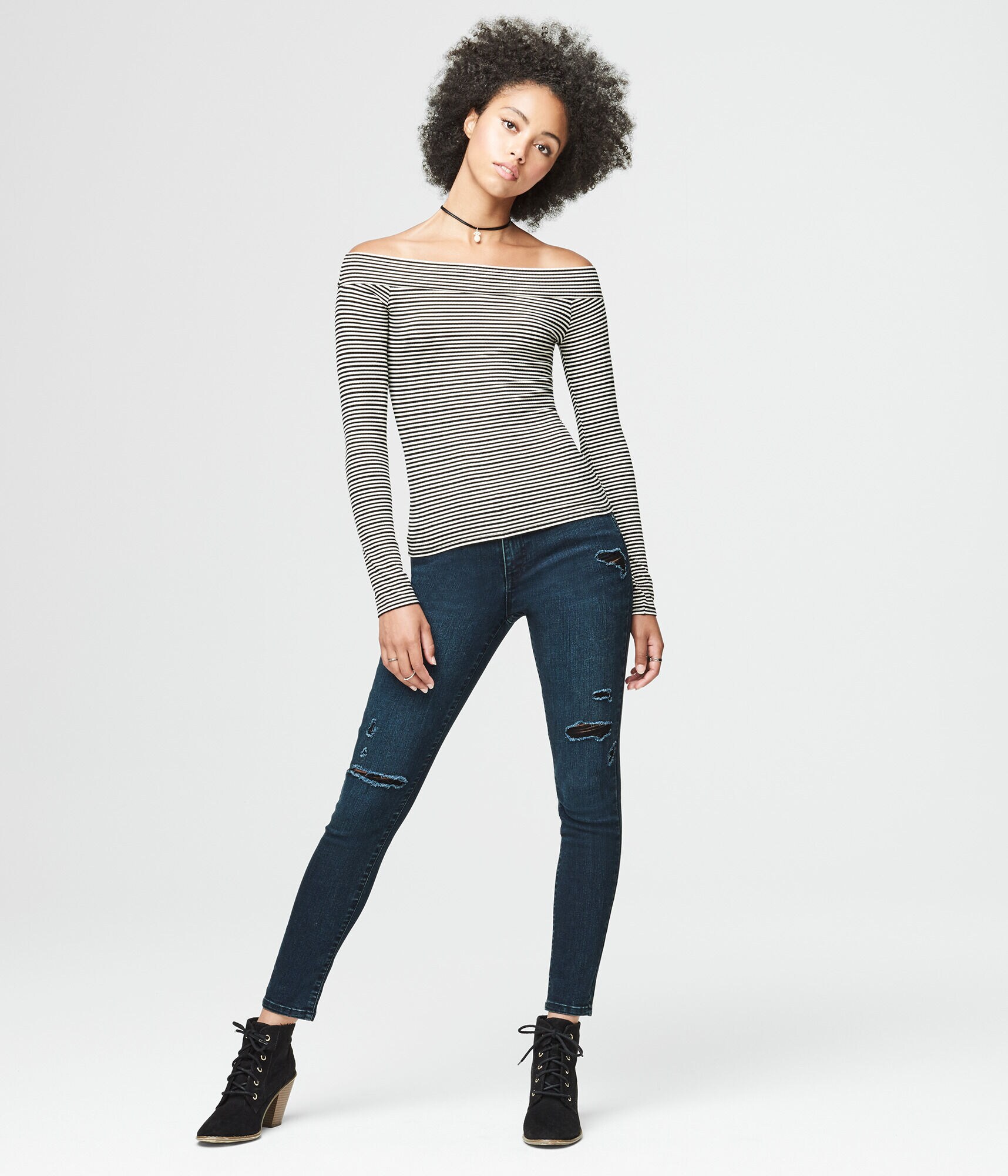 Long Sleeve Ribbed Stripe Boatneck Top