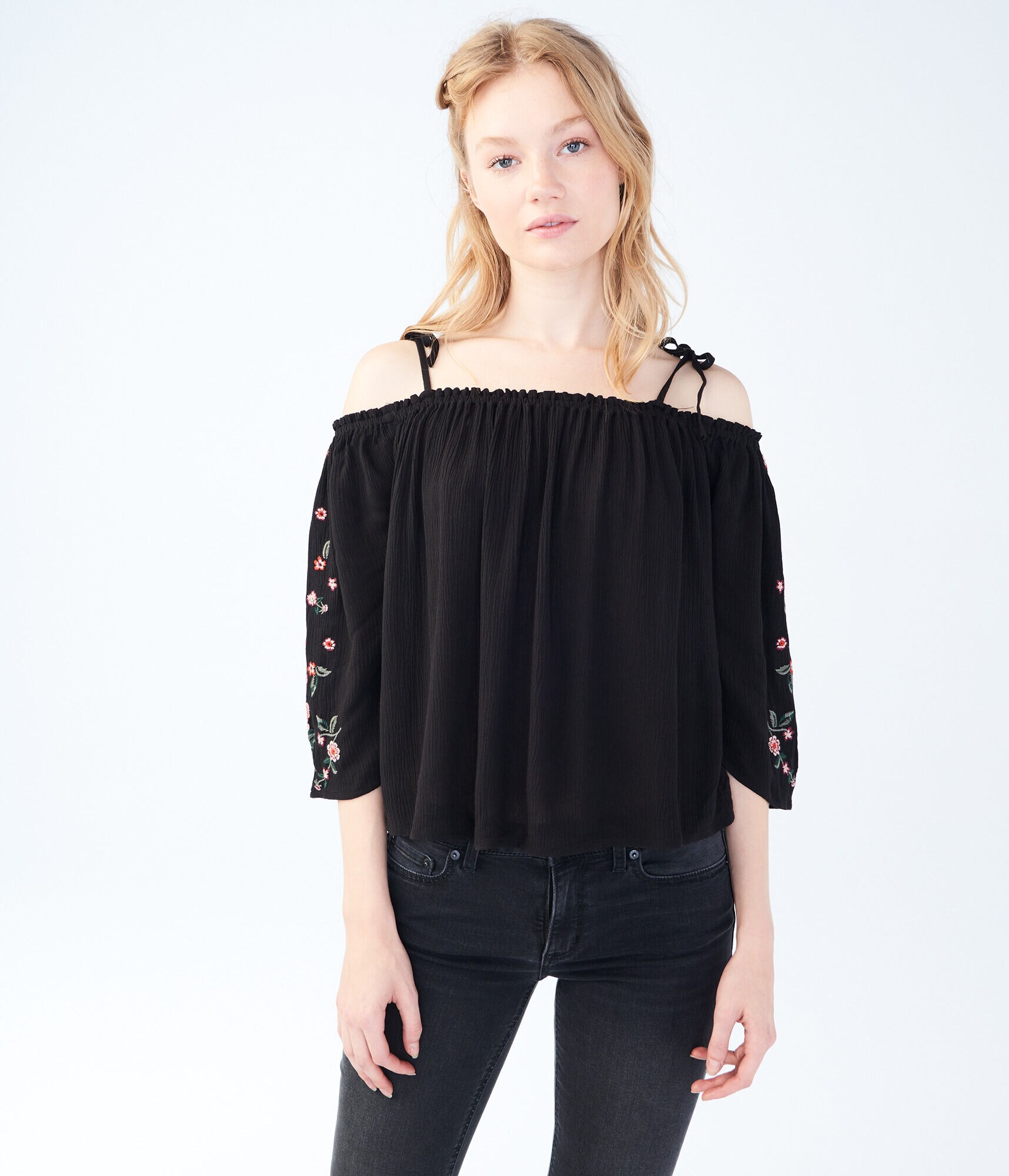 Final Sale -Embroidered Bell Sleeve Off-The-Shoulder Top