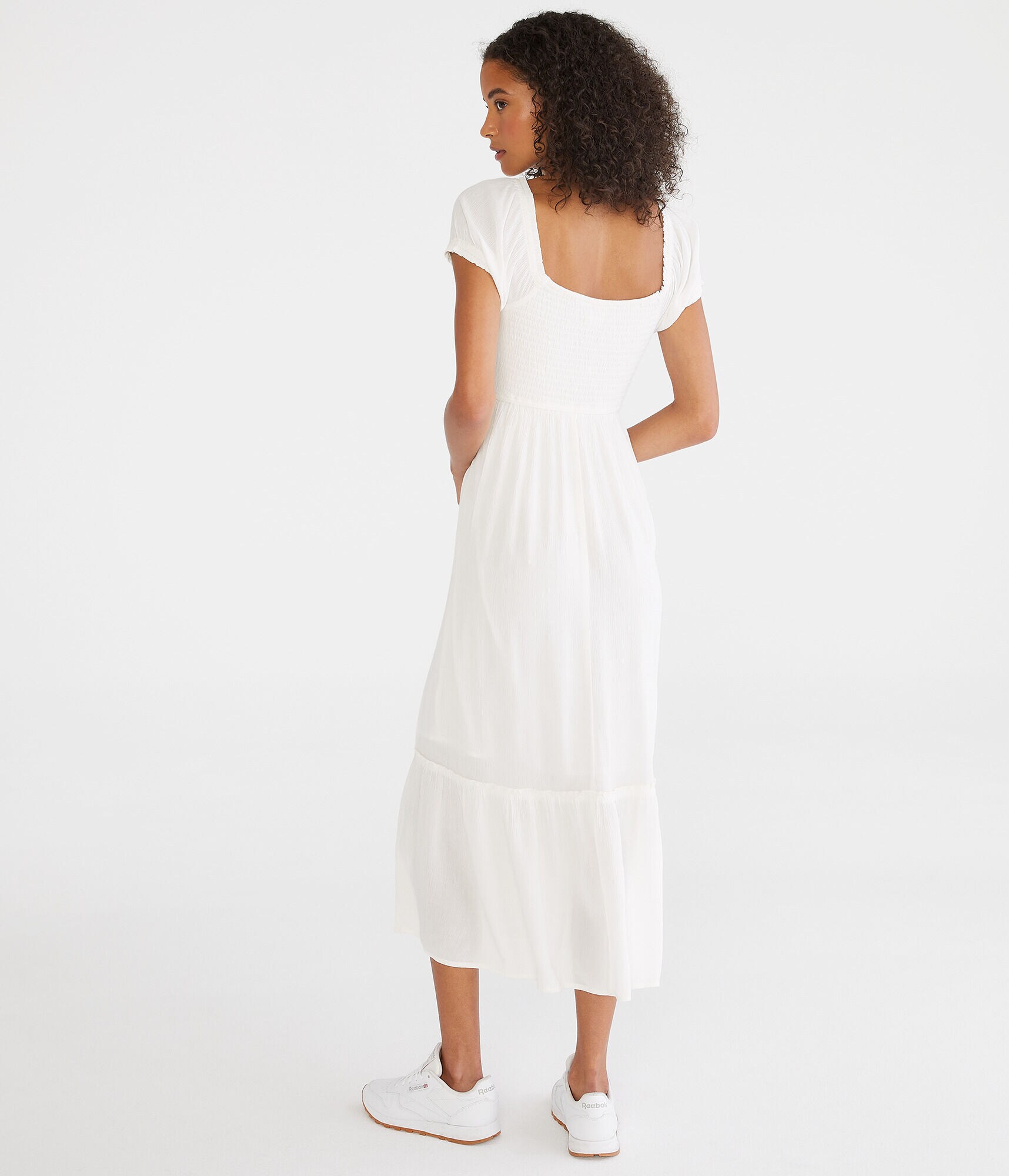 Solid Square-Neck Tiered Midi Dress