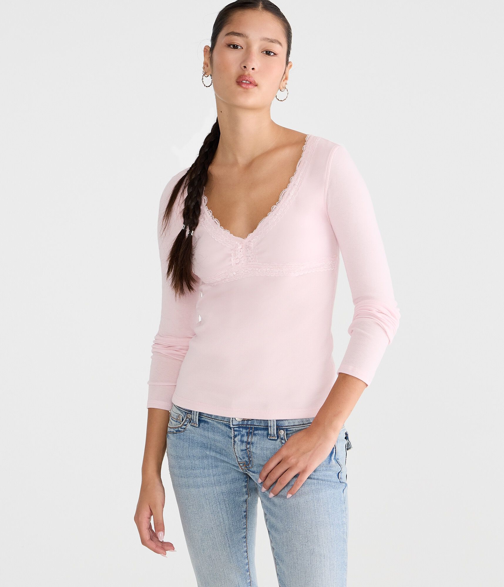 Long Sleeve Seriously Soft Y2K Lace V-Neck Tee
