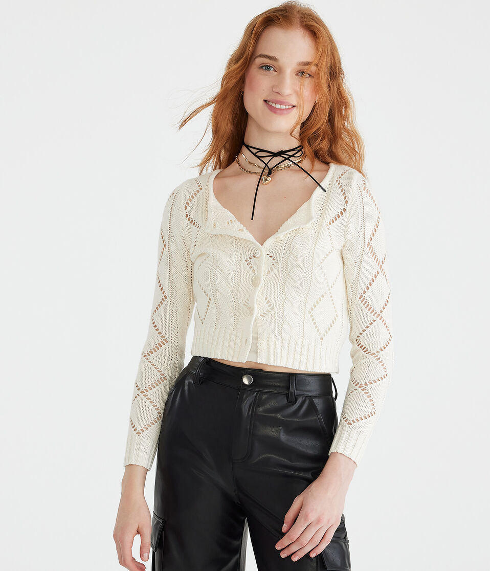 Long Sleeve Cropped Pointelle Cardigan