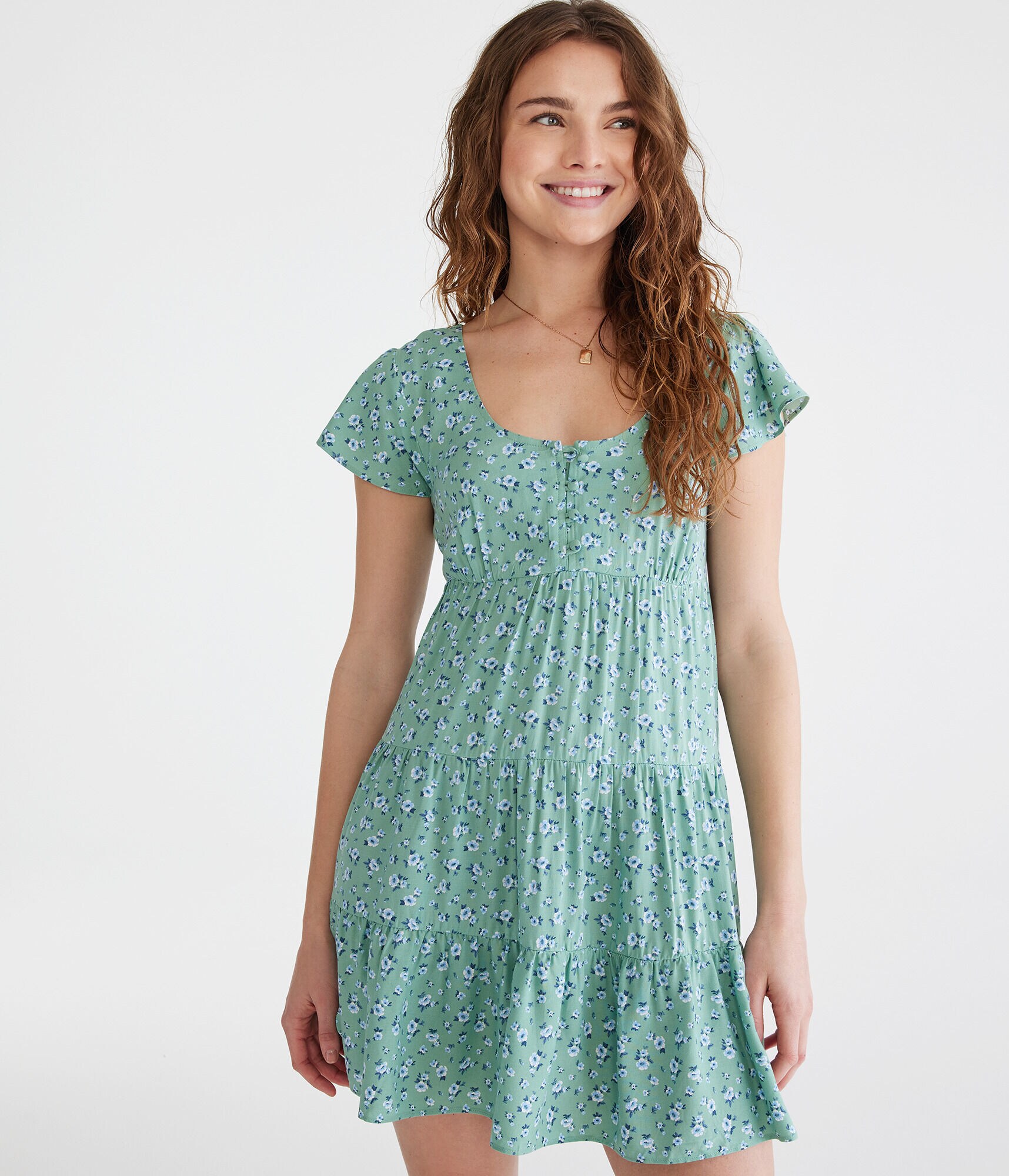 Floral Scoop-Neck Buttoned Babydoll Dress