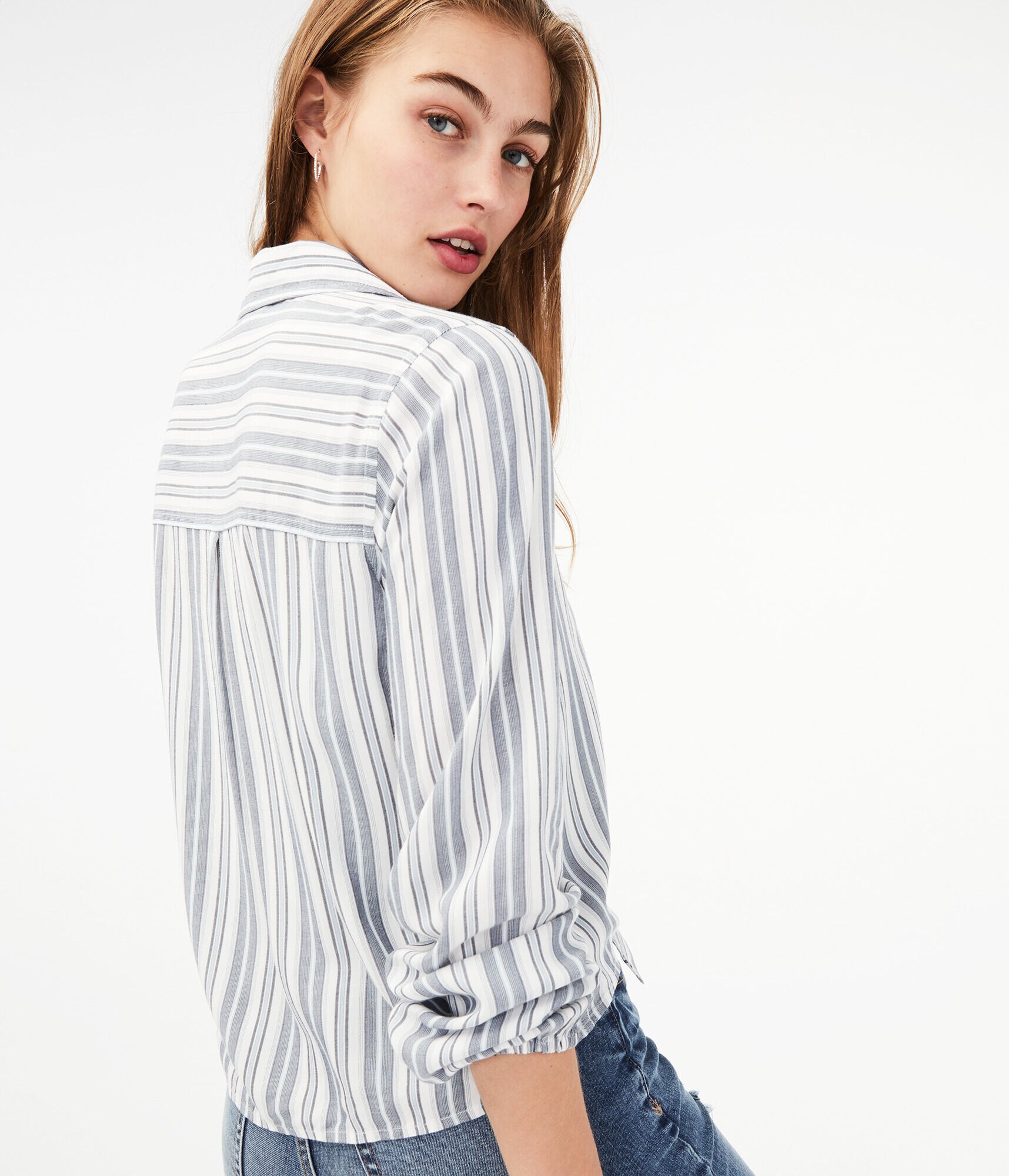 Striped Tie-Front Button-Down Shirt