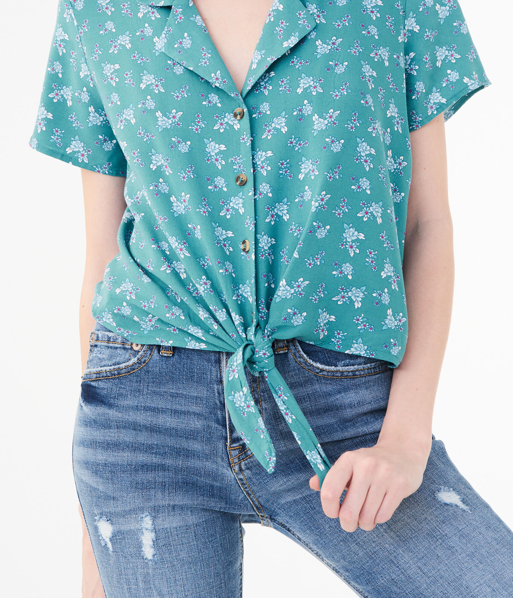 Floral Tie-Front Woven Camp Shirt