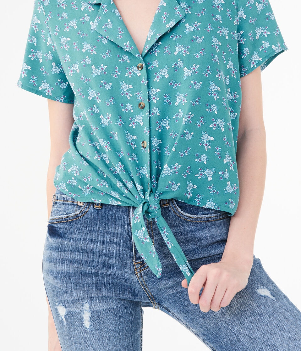 Floral Tie-Front Woven Camp Shirt