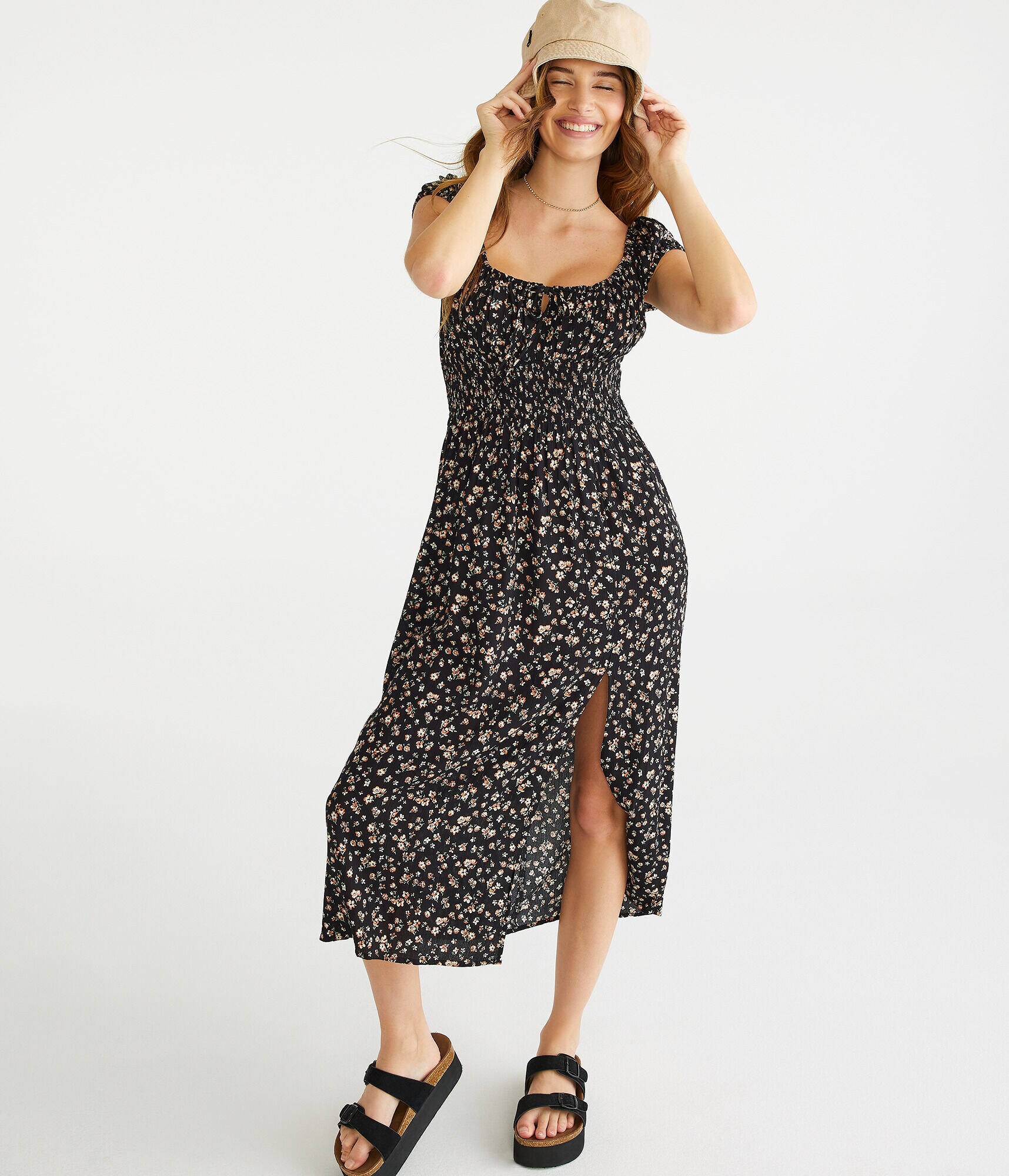 Floral Scoop-Neck Cinched Midi Dress