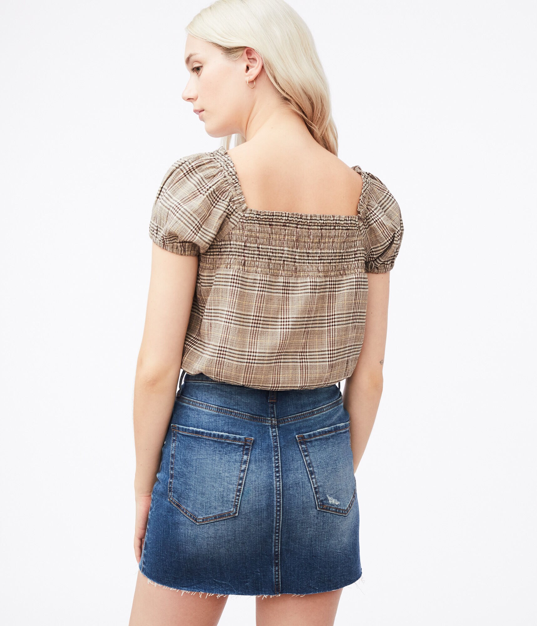 Plaid Square Neck Smocked Top