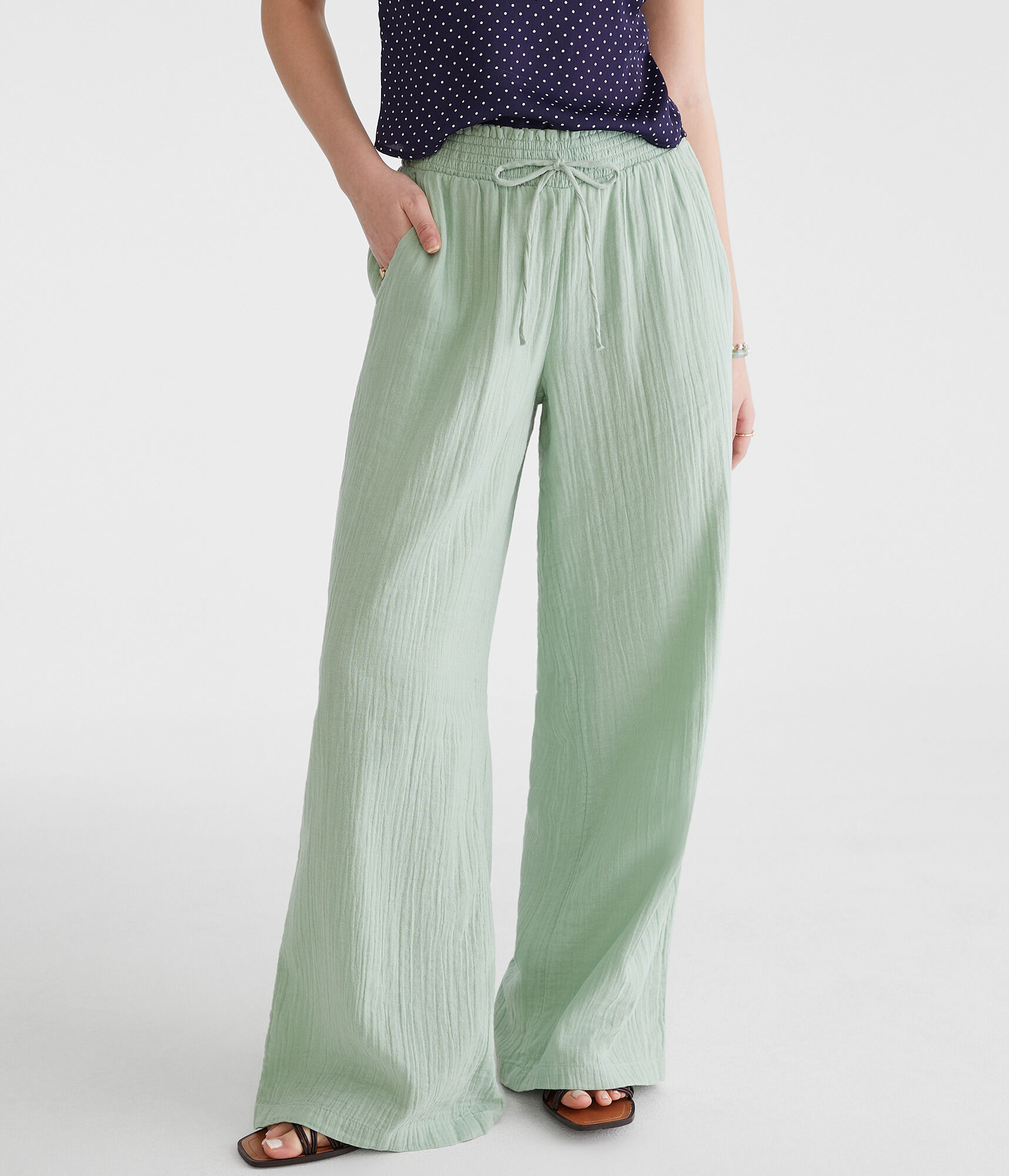 Gauze Wide Leg Drawstring Pants