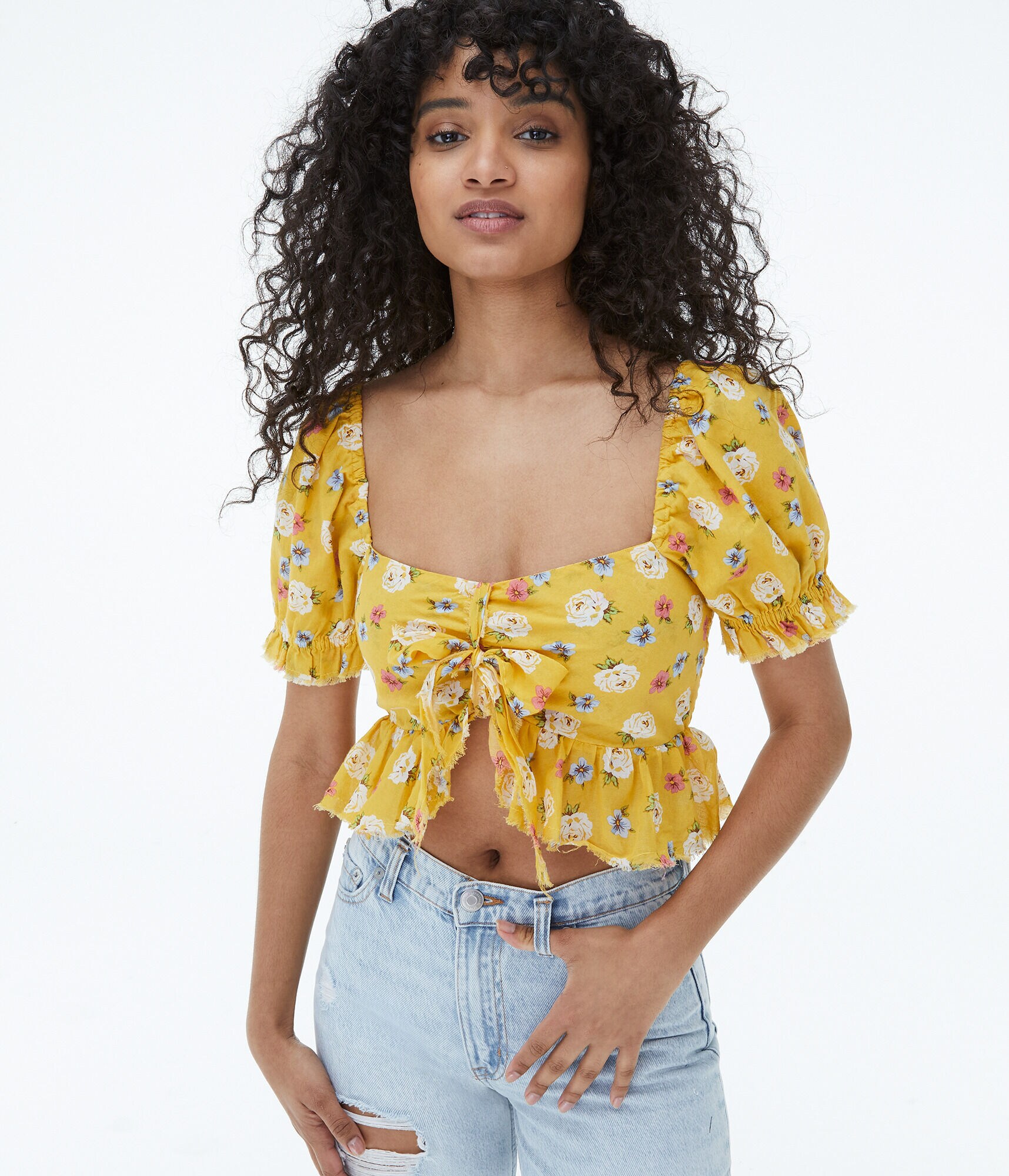 Floral Puff Sleeve Crop Top