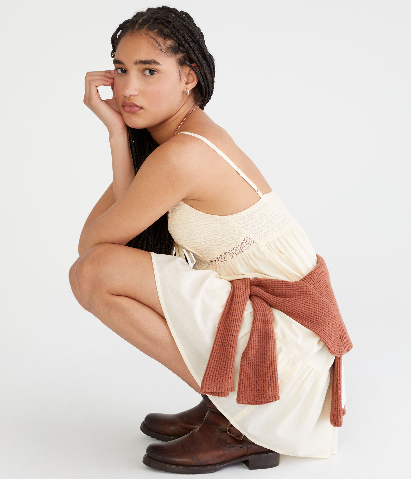 Solid V-Neck Lace-Trim Babydoll Dress