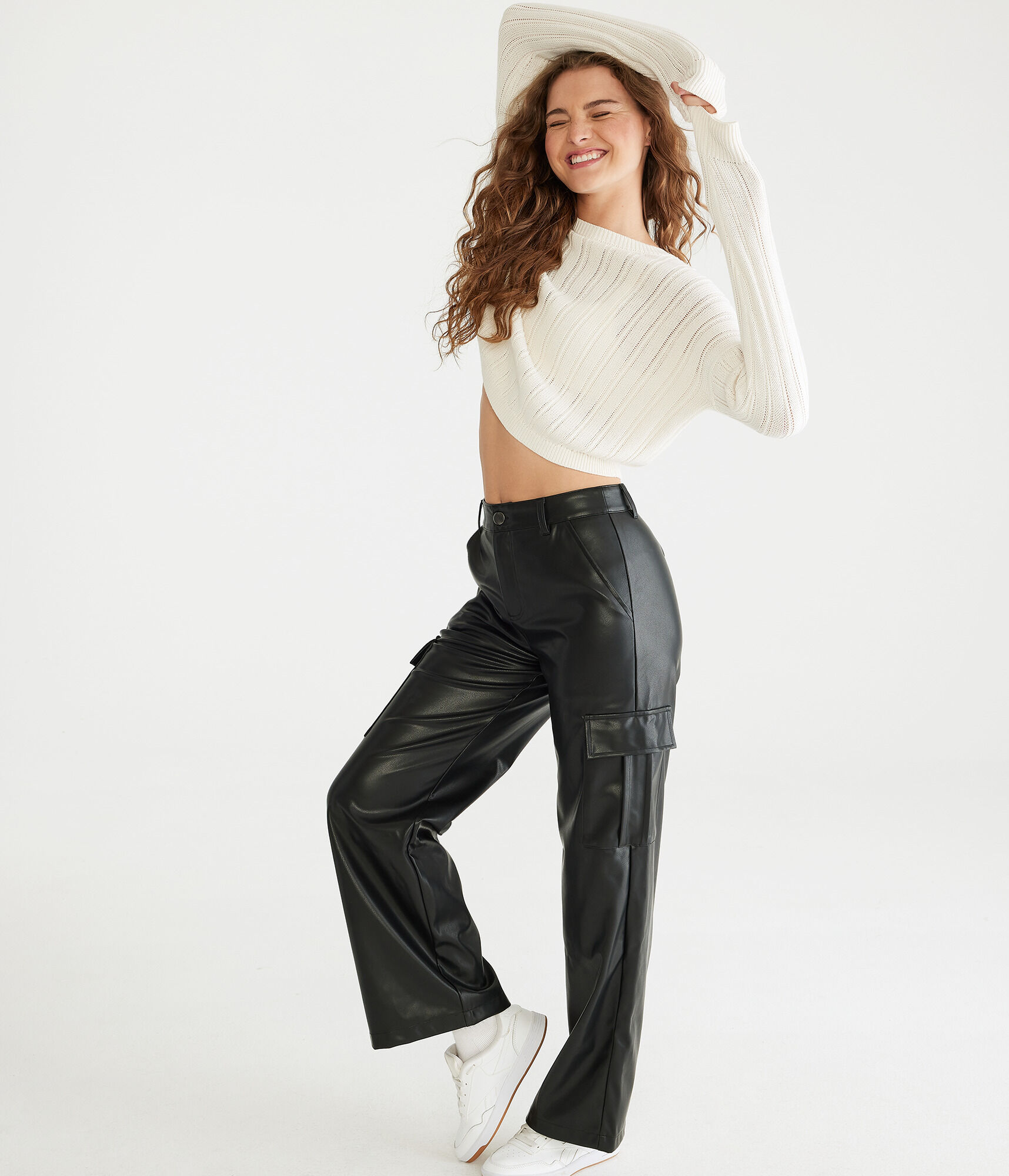High-Waisted Faux Leather Cargo Pants