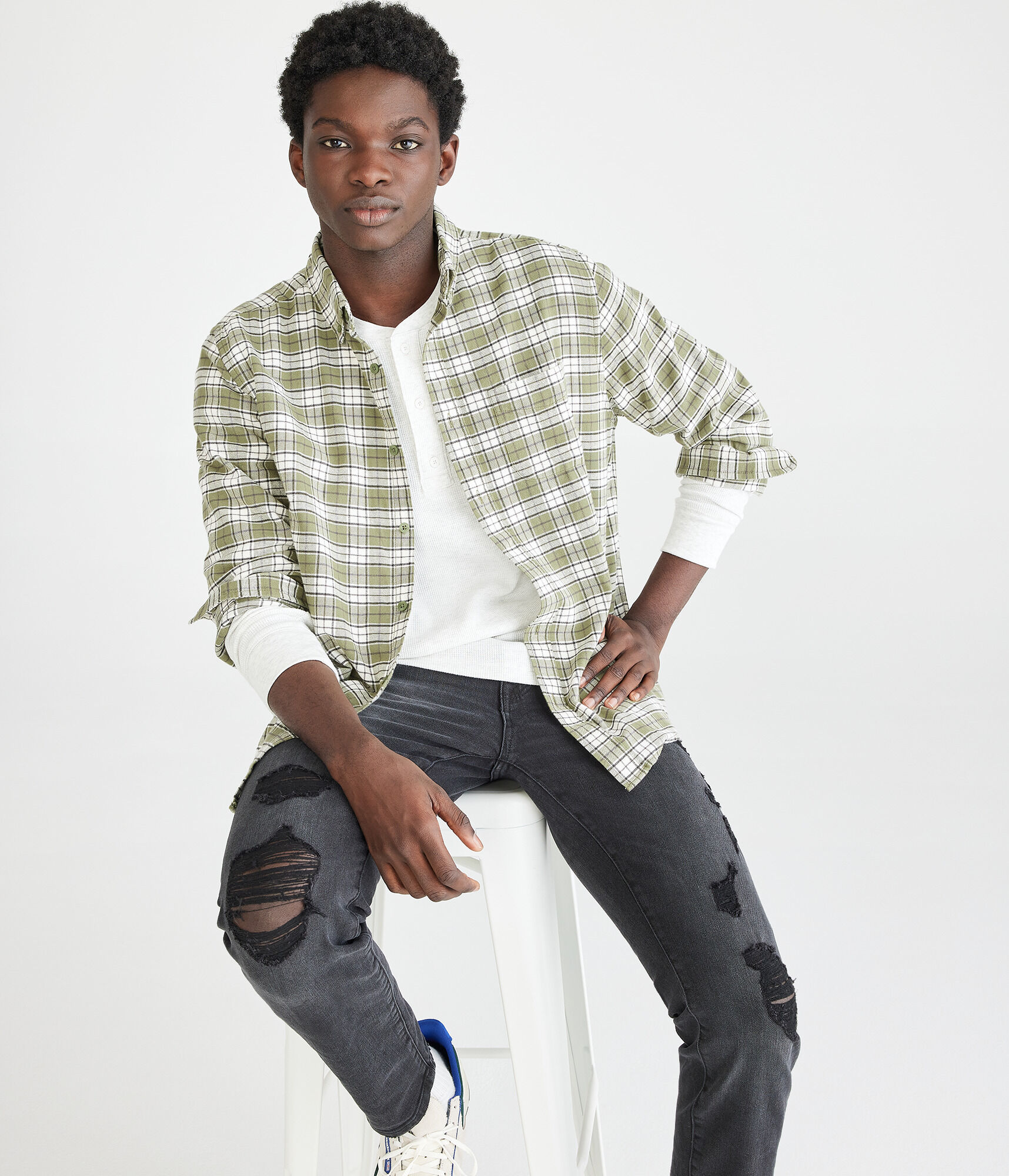 Long Sleeve Relaxed Plaid Oxford Shirt