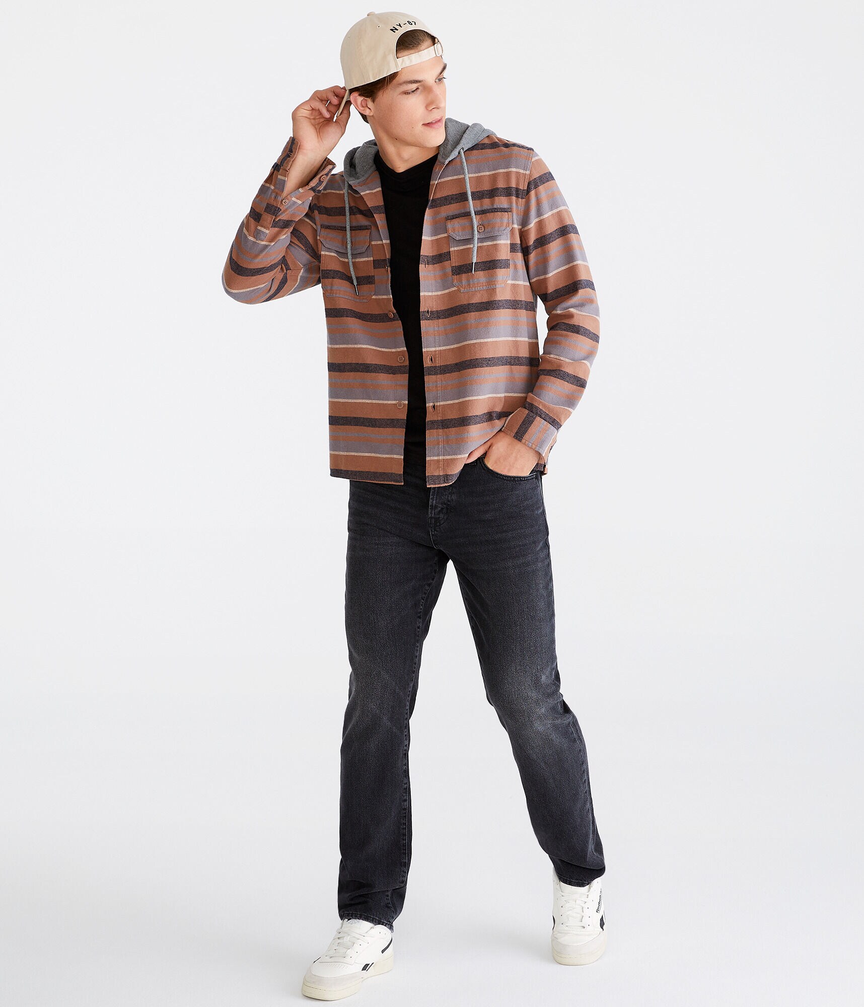 Long Sleeve Striped Hooded Flannel Shirt