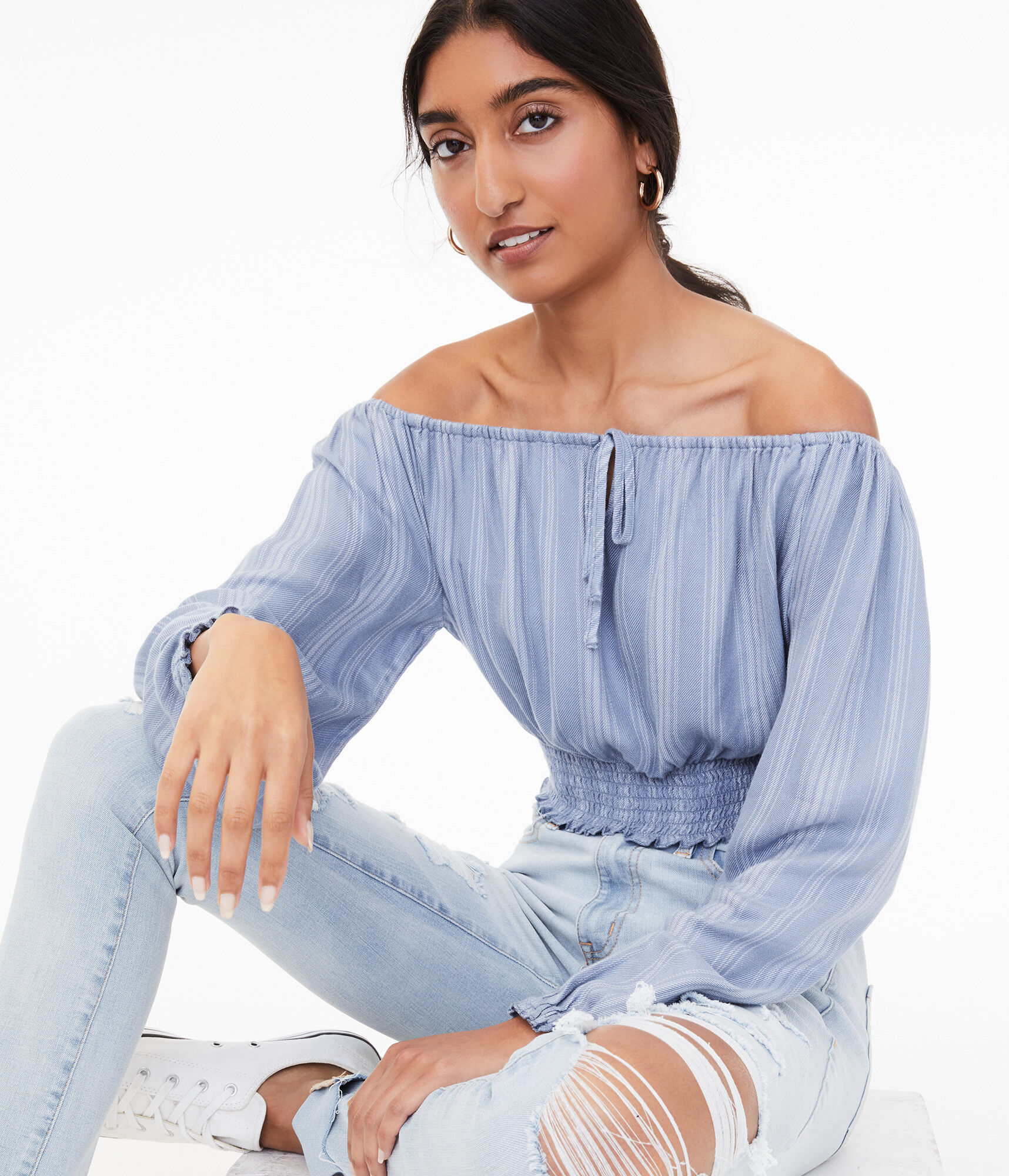 Long Sleeve Striped Off-The-Shoulder Crop Top