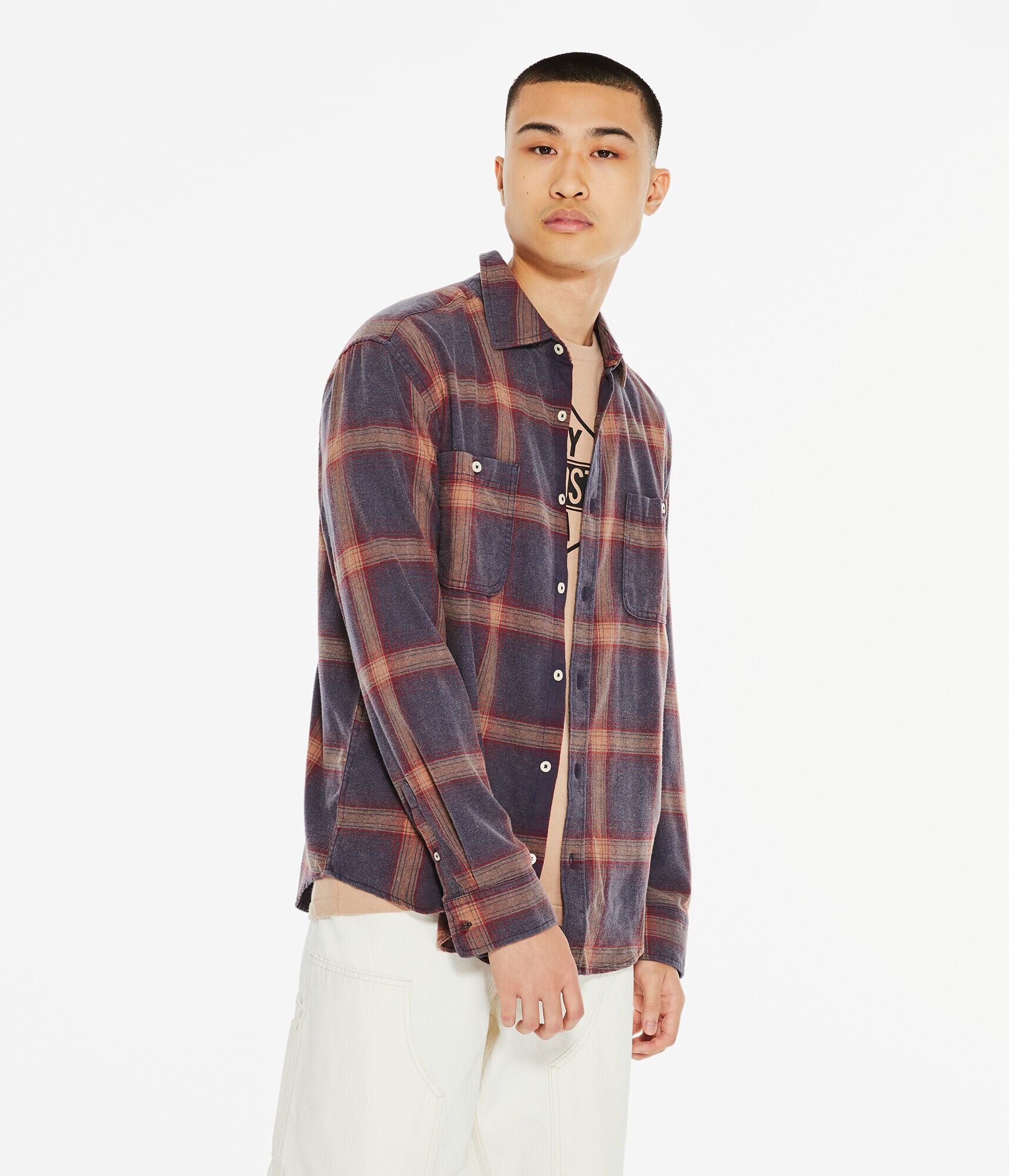Long Sleeve Relaxed Washed Plaid Flannel Button-Down Shirt