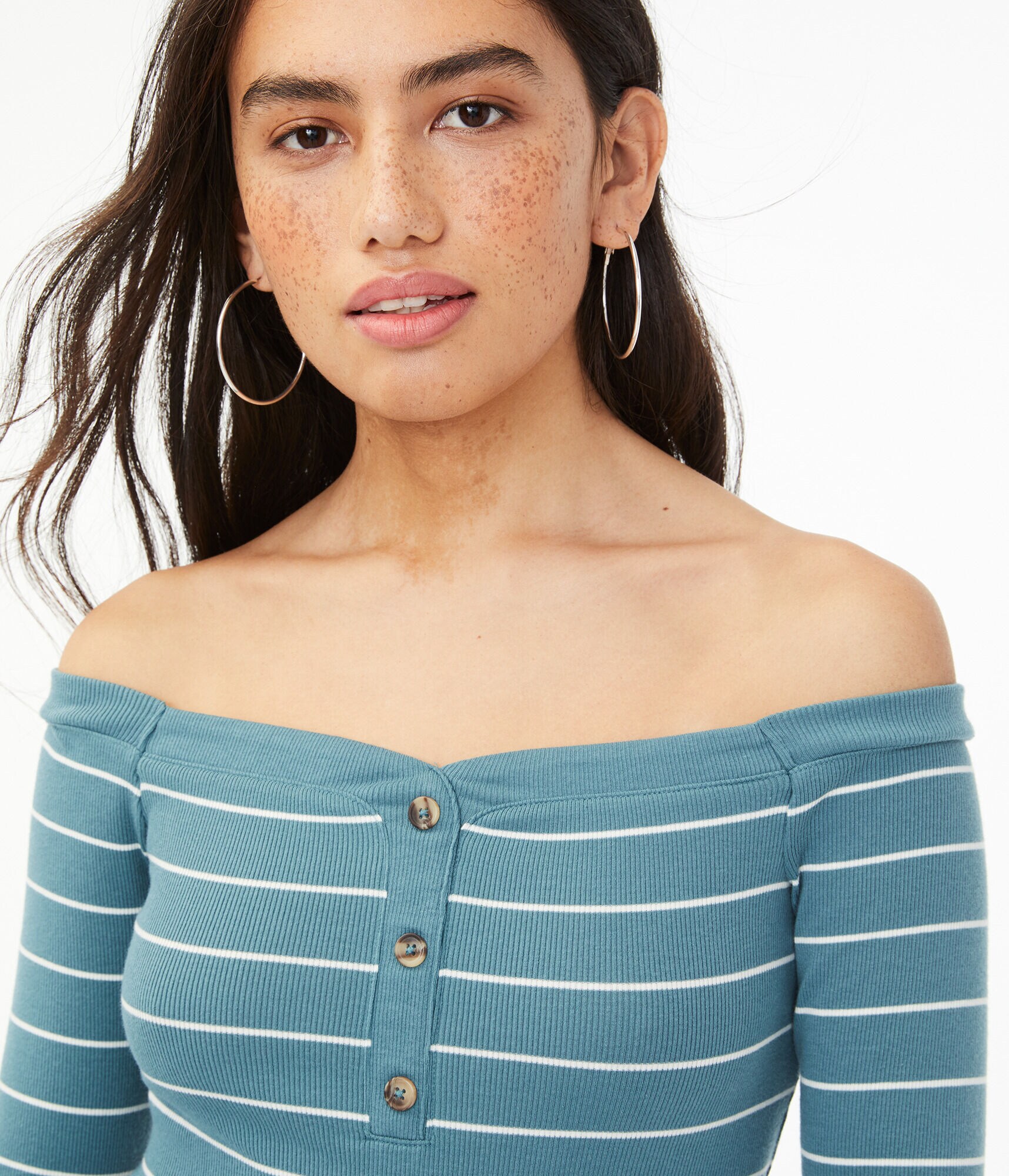 Long Sleeve Seriously Soft Striped Off-The-Shoulder Bodycon Henley