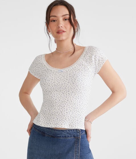 Seriously Soft Floral Lace-Trim Shrunken Tee