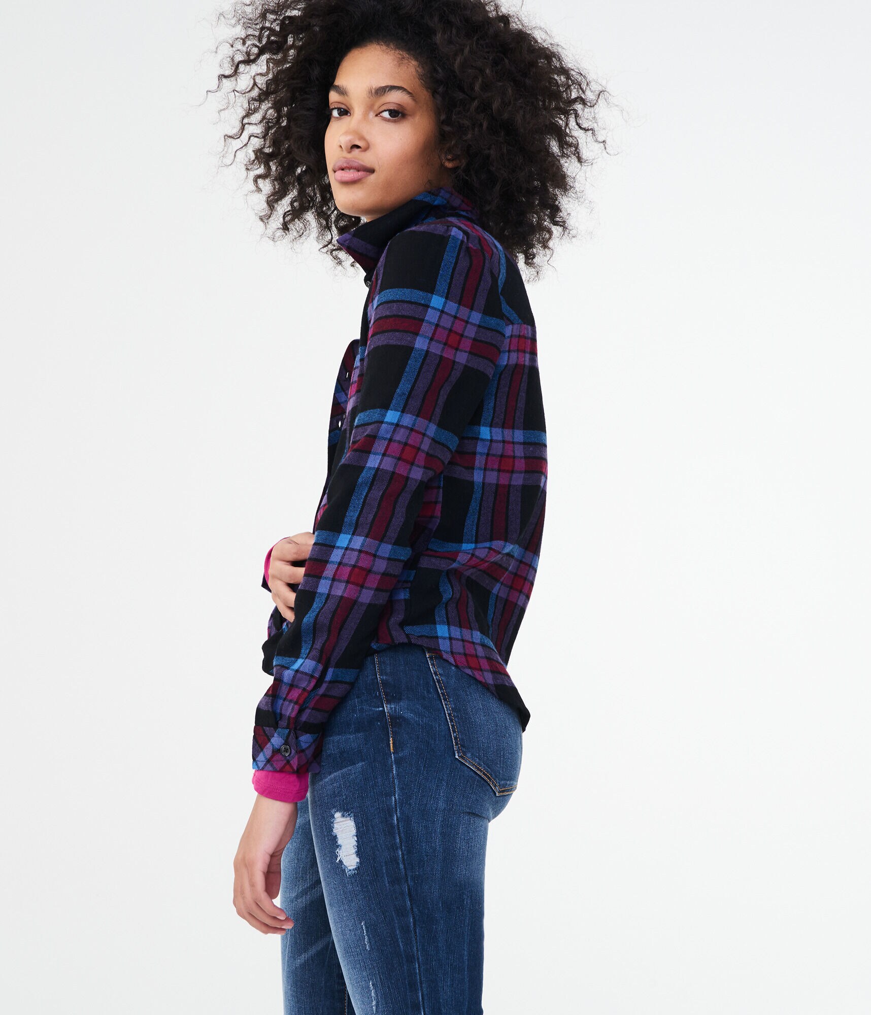 Long Sleeve Plaid Knot-Front Woven Shirt