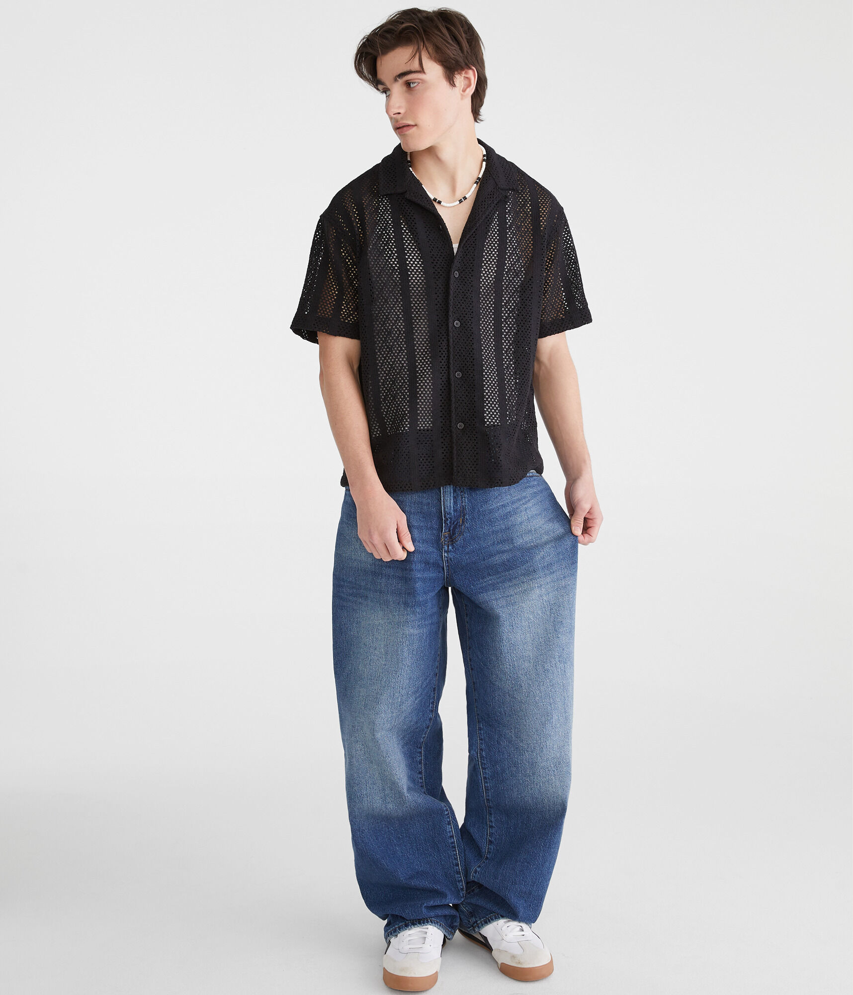 Short Sleeve Crocheted Boxy Camp Shirt