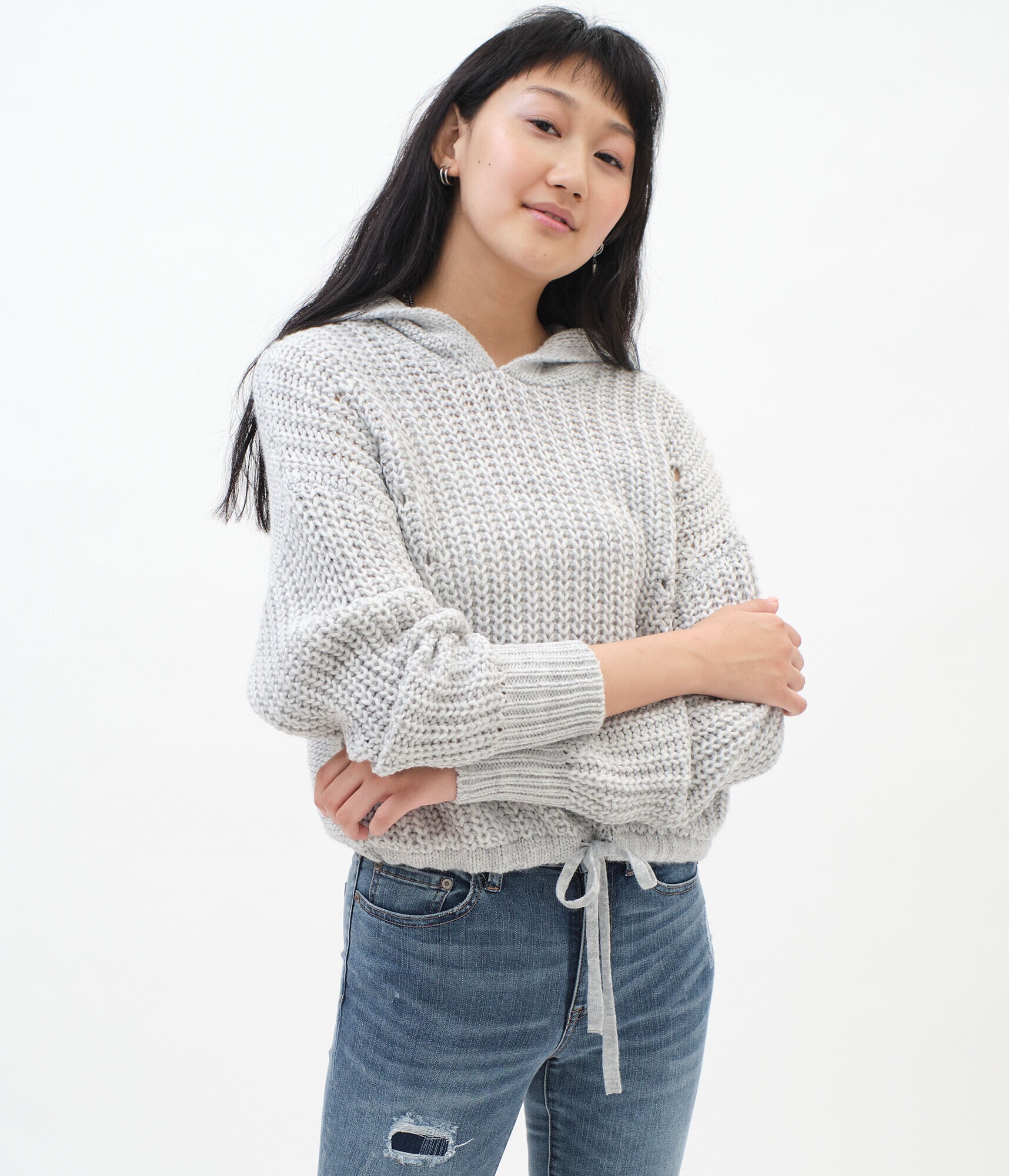 Cinch-Tie Cropped Hooded Sweater