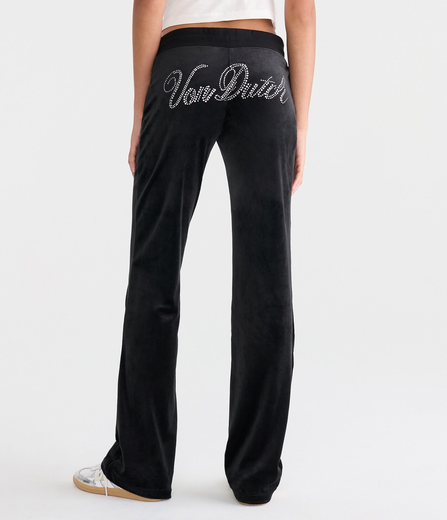 Von Dutch Rhinestone Low-Rise Velour Flare Leg Pants