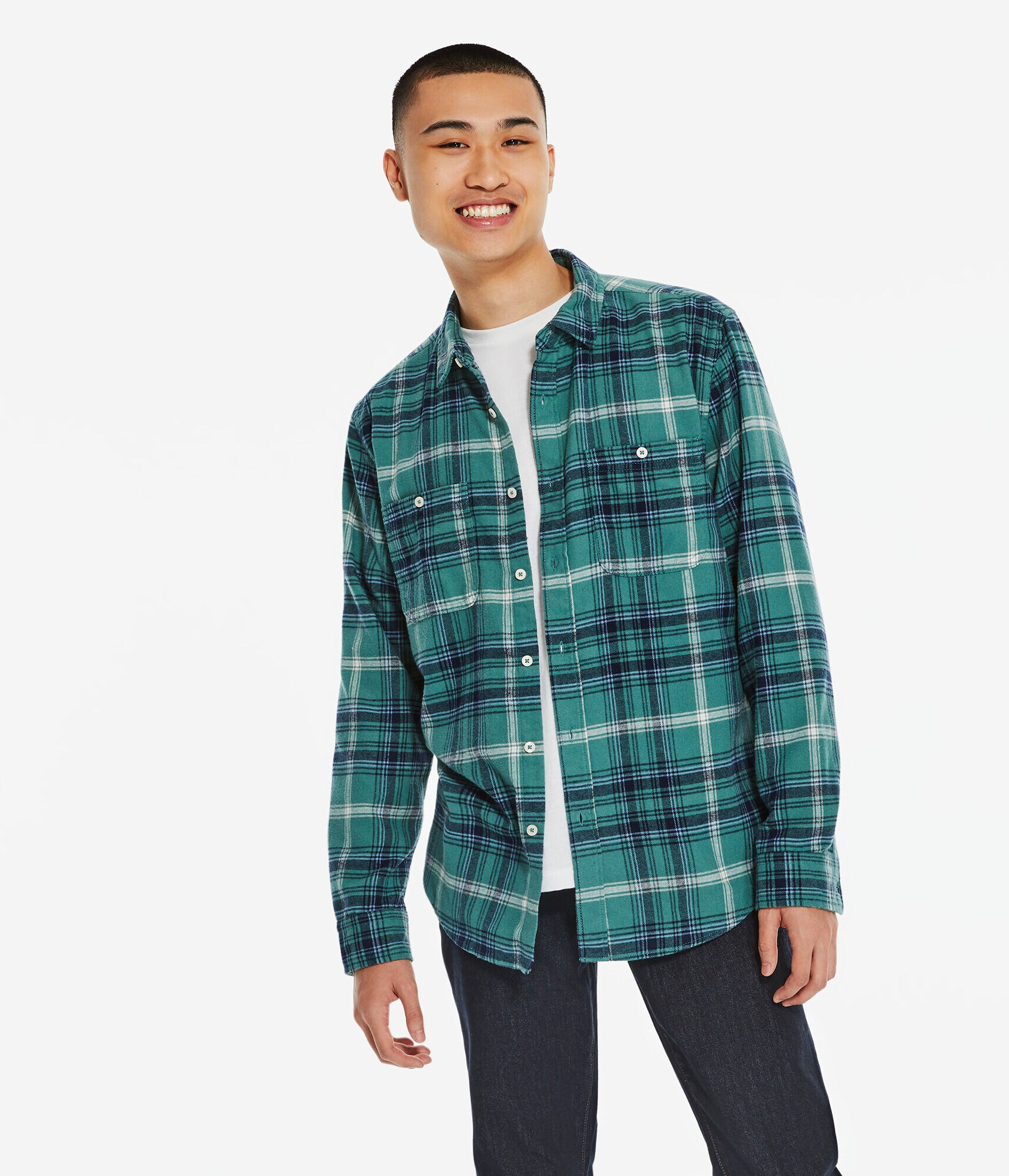 Long Sleeve Relaxed Washed Plaid Flannel Button-Down Shirt