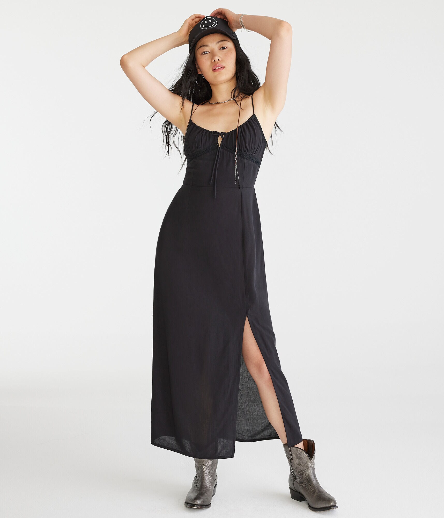 Solid Scoop-Neck Lace-Trim Midi Dress
