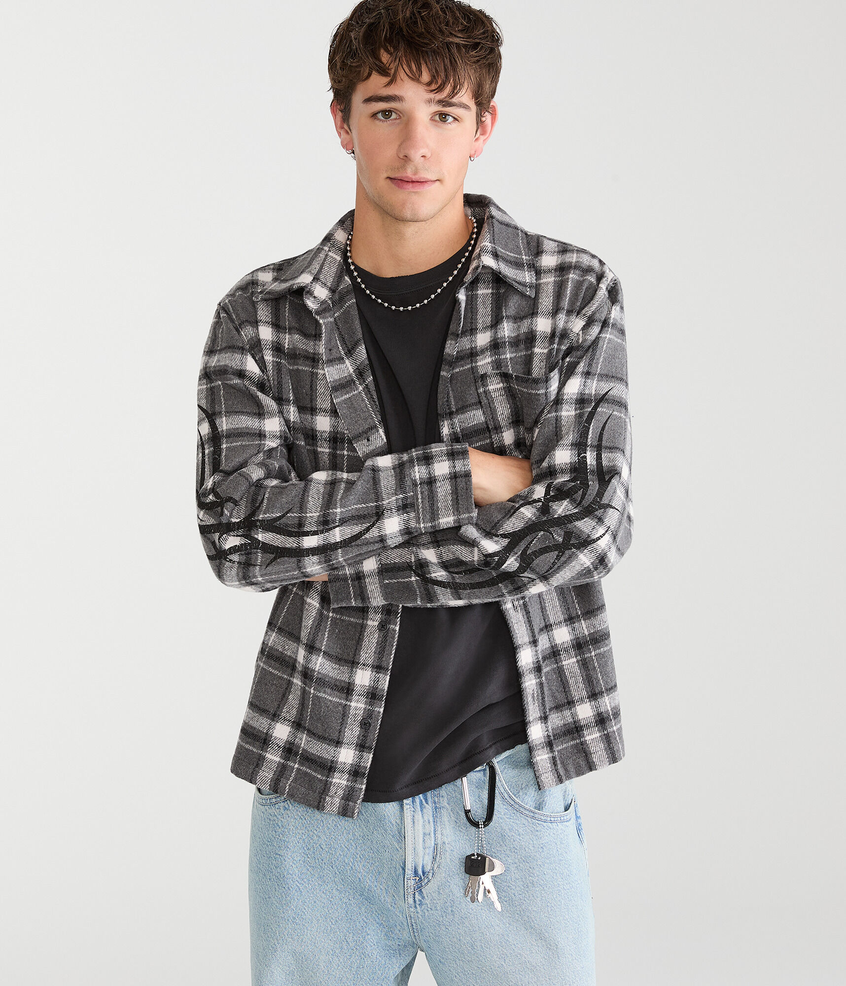 Long Sleeve Plaid Tattoo Graphic Boxy Flannel Shirt