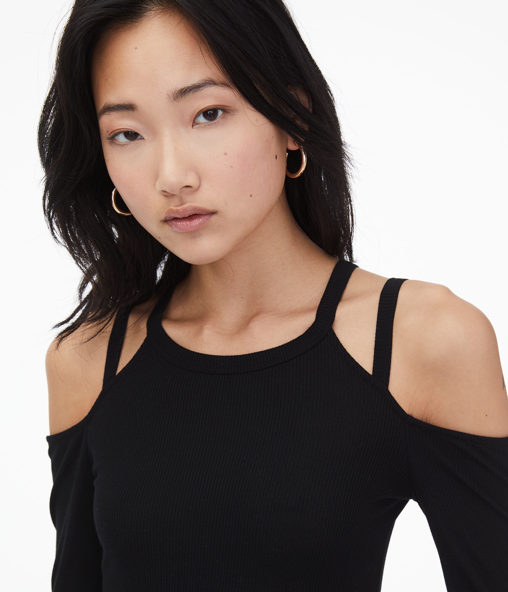 Long Sleeve Seriously Soft Strappy Cold-Shoulder Bodycon Tee***