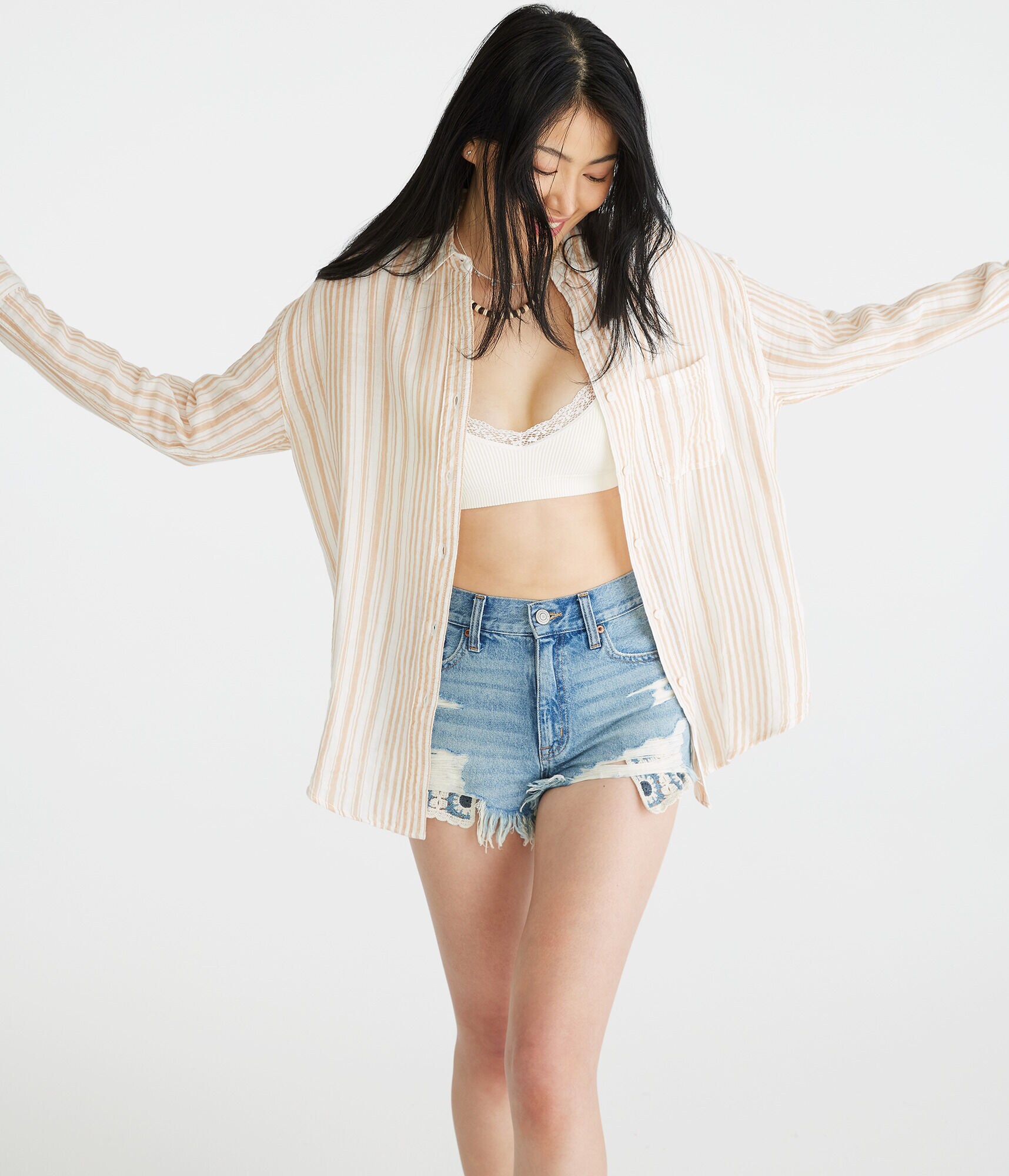 Long Sleeve Striped Gauze Oversized Shirt