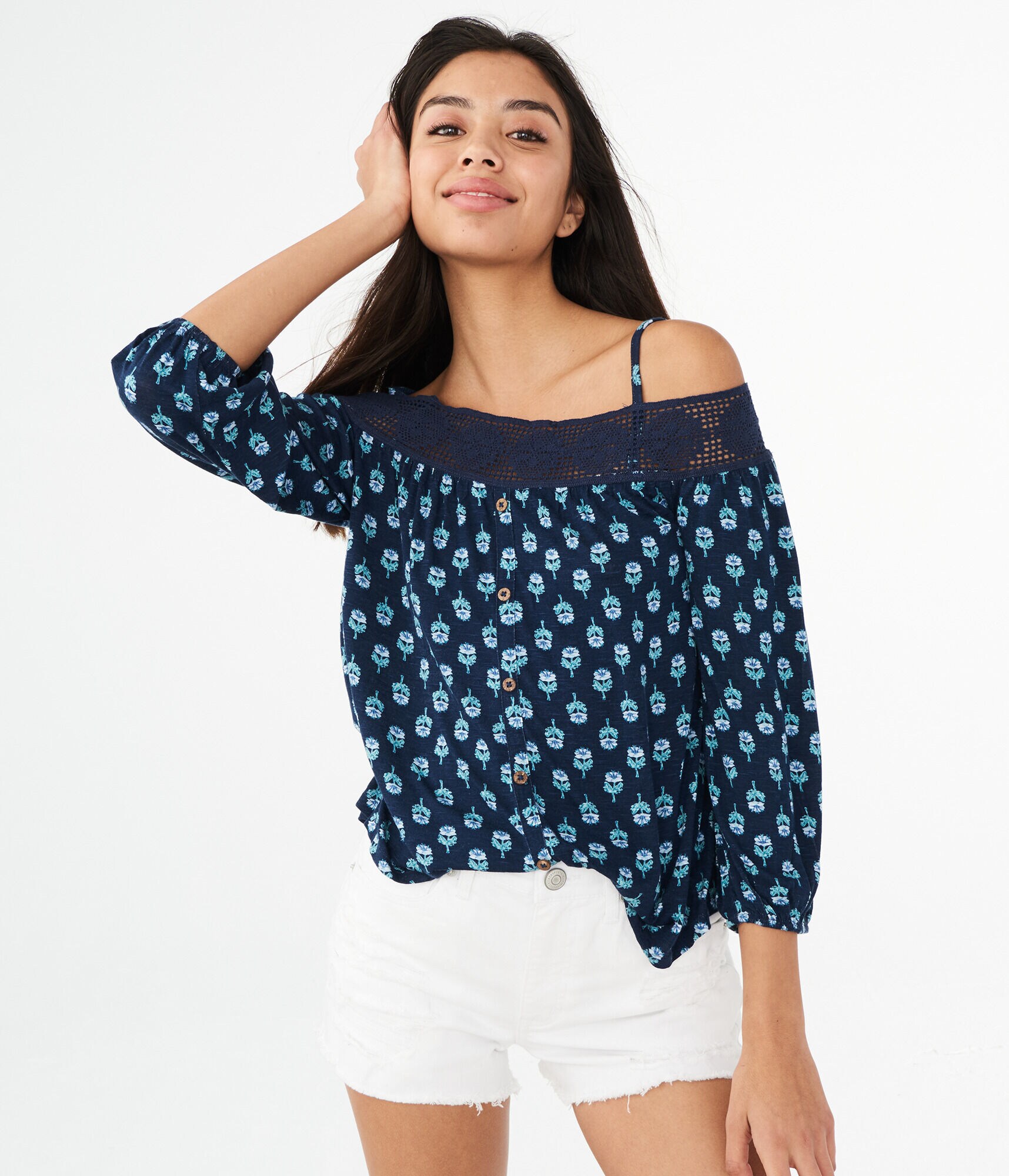 Printed Cold-Shoulder Peasant Top