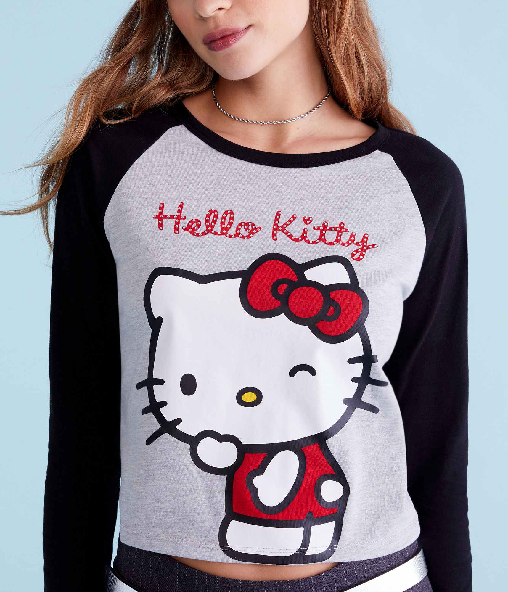 Hello Kitty Long Sleeve Rhinestone Cropped Raglan Tee