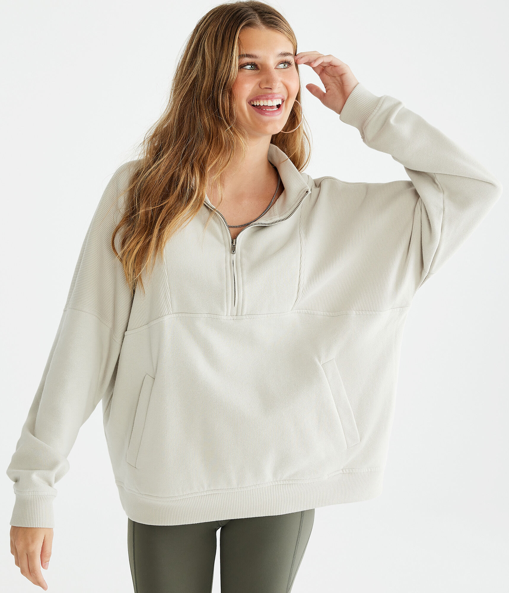 moca♡　0527 Ribbed Mock-Neck Pullover Sweatshirt