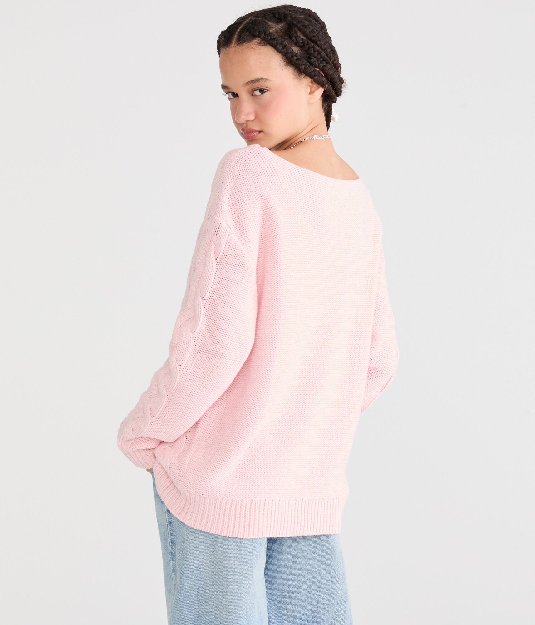 Slouchy Cable Knit V-Neck Sweater