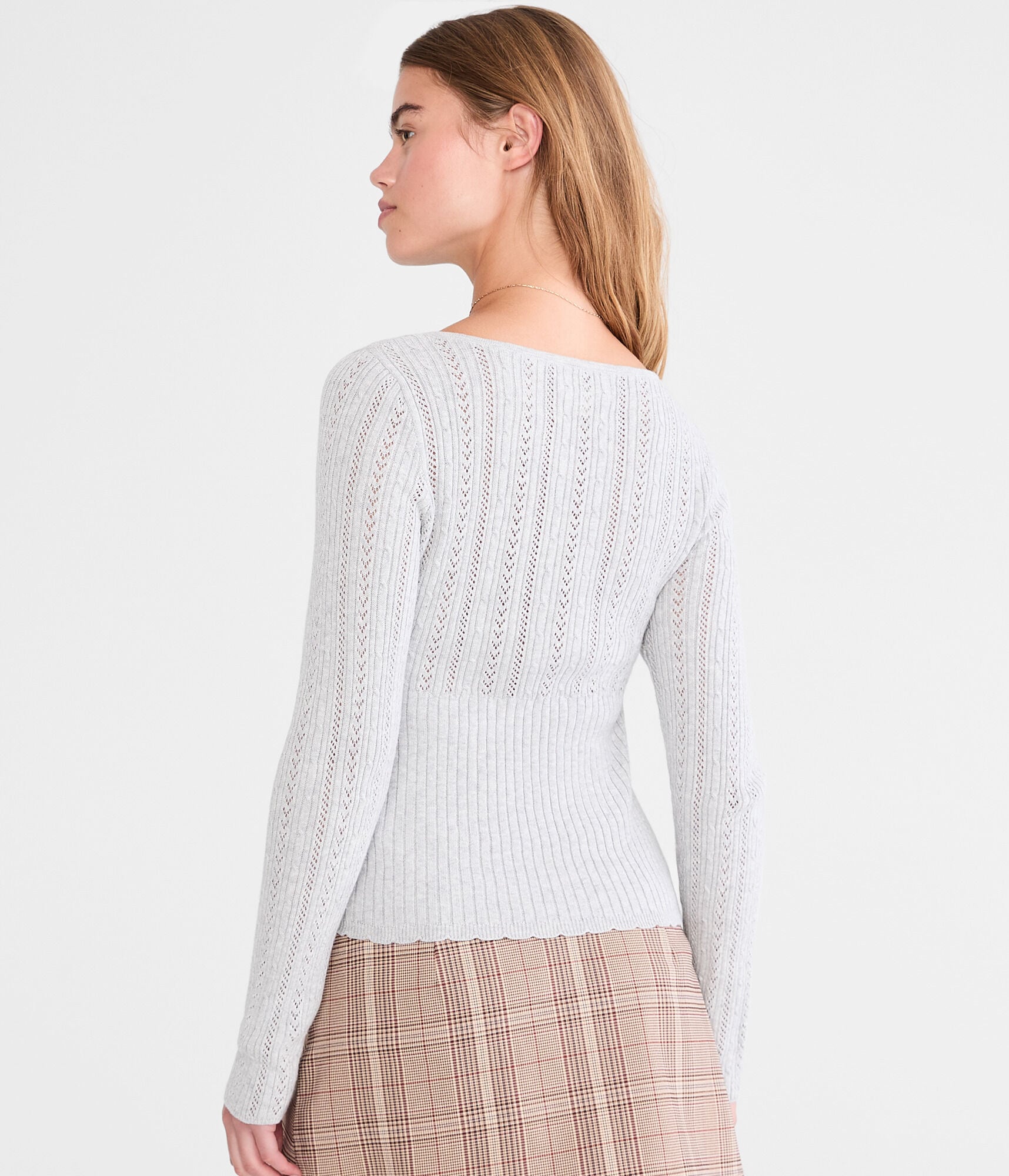 Pointelle Tie-Front Square-Neck Sweater