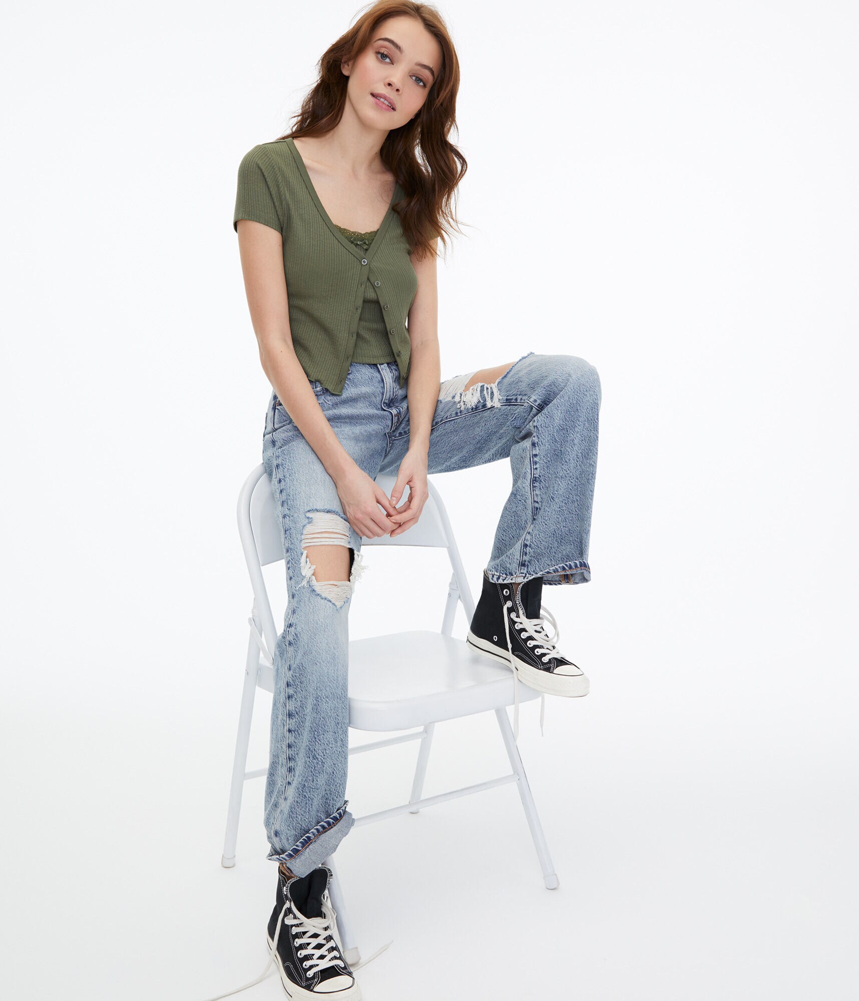 Button-Front Cropped Shrunken Tee