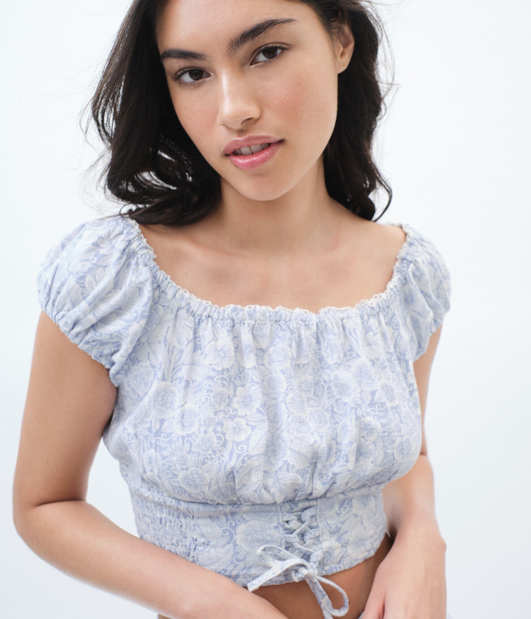 Floral Garden Lace-Up Off-The-Shoulder Crop Top